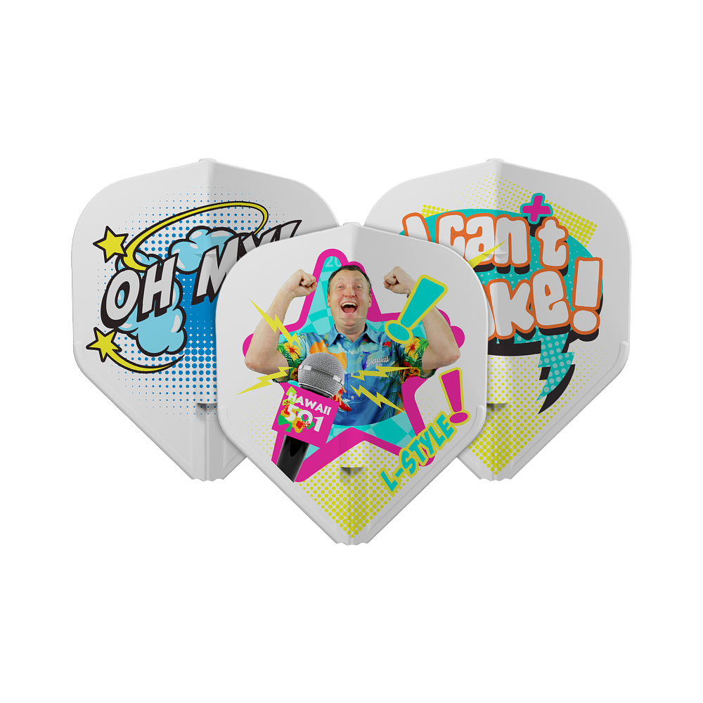 Letky Wayne Mardle typu L-Style Type B L1EZ White Das Bild zeigt drei Dartflights mit bunten, auffälligen Designs und Comic-Schriftzügen. Auf einem Flight ist ein jubelnder Mann abgebildet, während die anderen Sätze wie "OH MY!" und "I can't take!" zeigen.