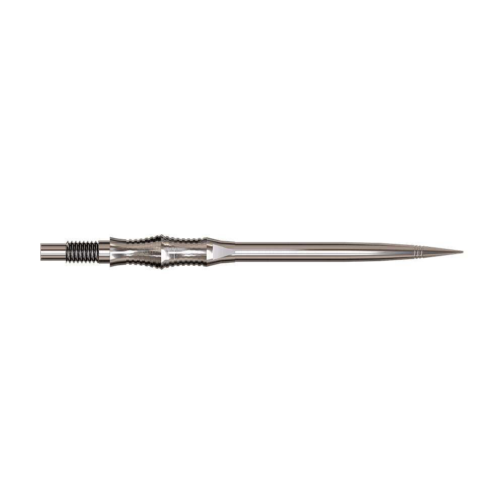 Apex Spire Silver Elite Serie Dartspitzen in 40mm werden gezeigt. Die Spitzen sind silberfarben.