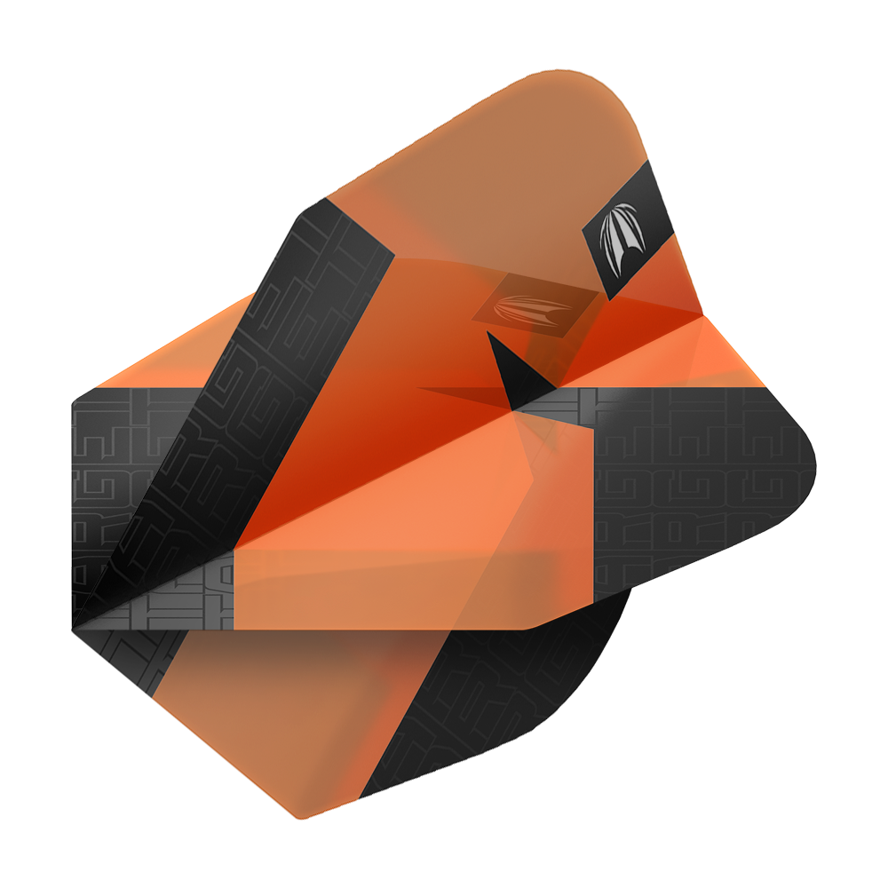 Das Bild zeigt ein orangefarbenes Dart-Flights-Set mit schwarzem Muster. Es handelt sich um das Produkt "Target Pro Ultra TAG Orange No6 Standard Flights - 3 Sets".