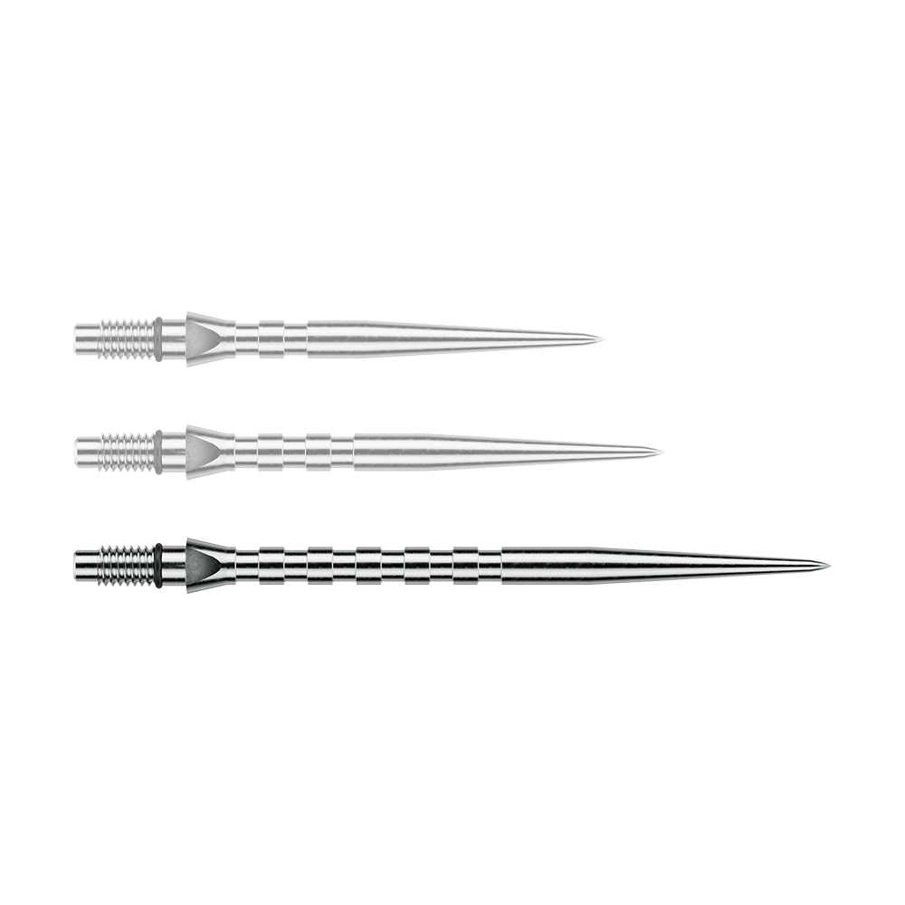 Das Bild stellt eine einzelne Winmau Switch Point Groove Steeldartspitze mit 40mm Länge dar. Die silberne Spitze besitzt eine geriffelte Struktur für bessere Griffigkeit.