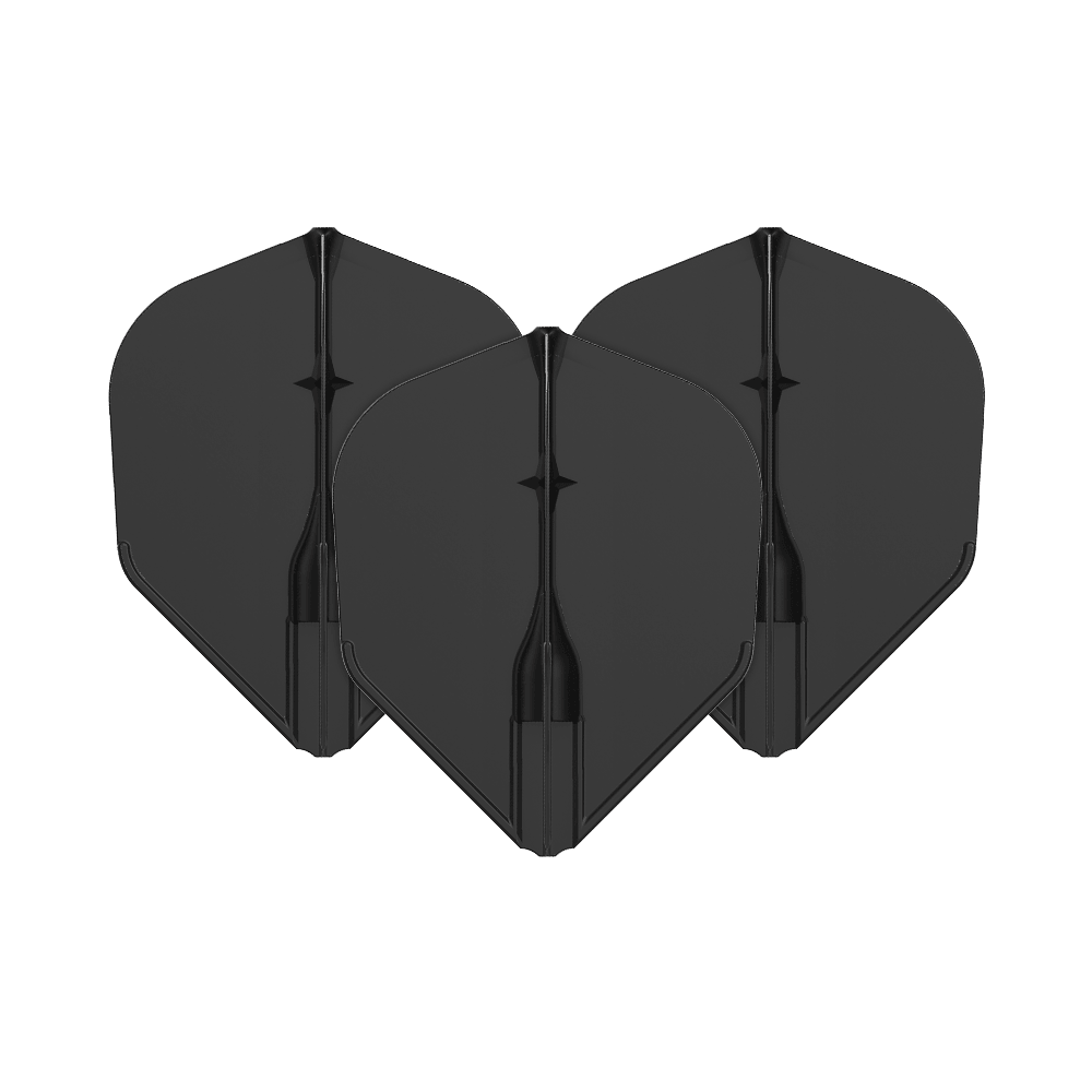 Lety L-L-Style3EZ Auf dem Bild sind drei schwarze Dartflights zu sehen. Sie sind in einer Reihe angeordnet und haben eine klassische Form.