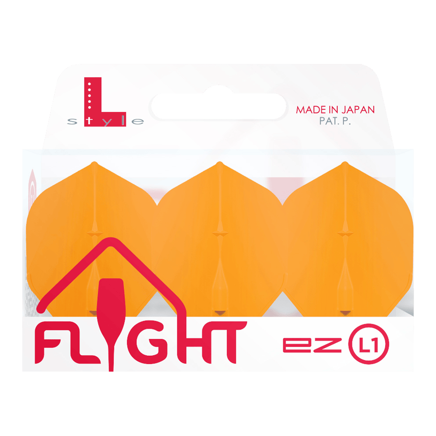 Standardní lety L-Style Champagne L1EZ Das Bild zeigt eine Packung „L-Style Champagne L1EZ Standard Flights“ in Orange. Die Verpackung ist durchsichtig und trägt die Aufschrift „Flight ez L1“.
