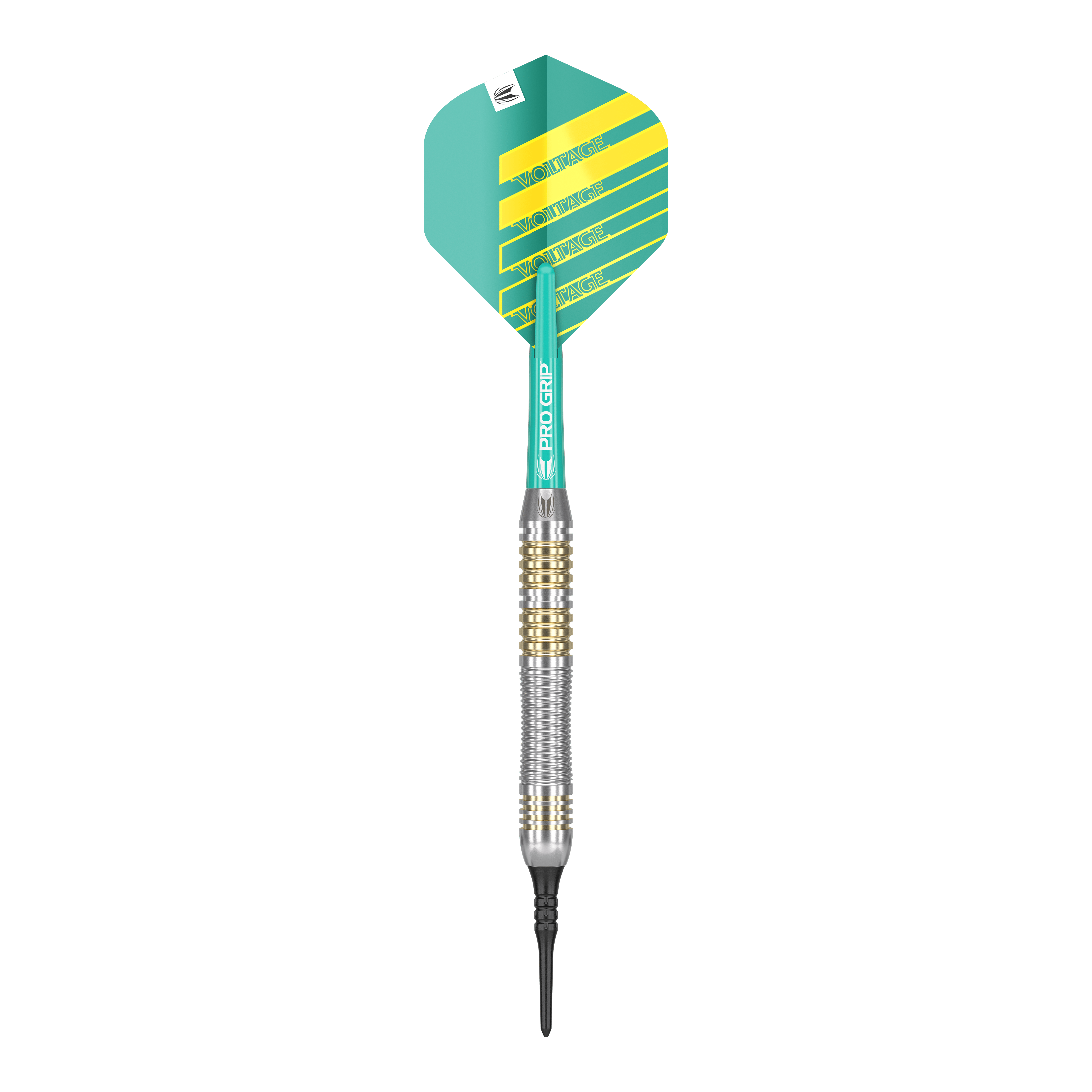 Šipky Target Rob Cross Brass Soft - 18g Das Bild zeigt einen Softdart der Marke "Target Rob Cross Brass Softdarts - 18g". Der Dart hat eine grün-gelbe Flight und einen silber-goldenen Schaft.