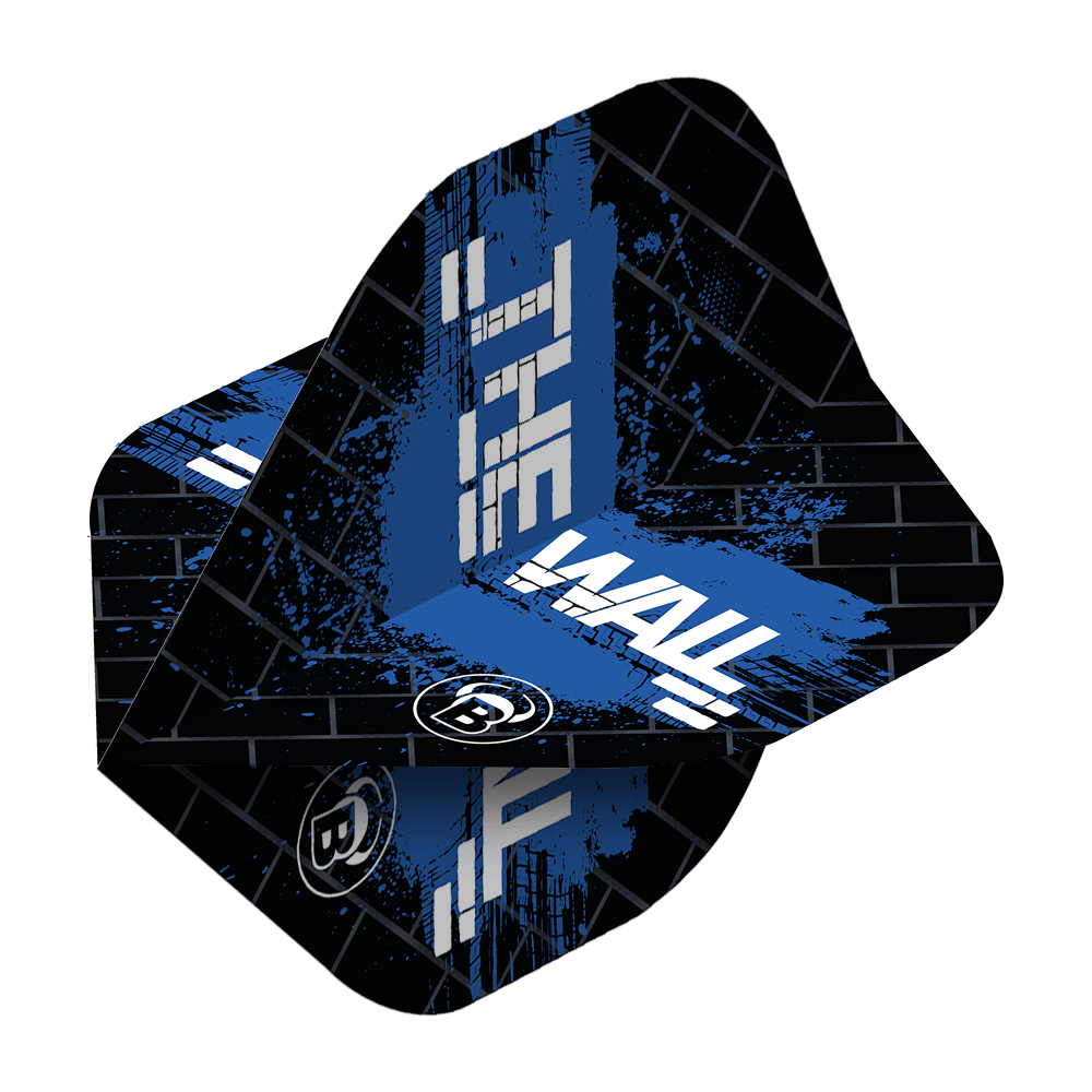 Standardní letky Bulls B-Star Martin Schindler Black Blue No2 Das Bild zeigt die Bulls B-Star Martin Schindler Black Blue No2 Standard Flights. Die Flights sind schwarz mit blauen und weißen Akzenten und dem Schriftzug „THE WALL“.