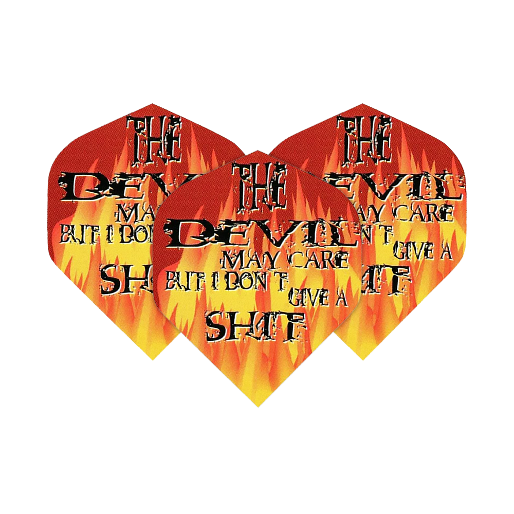 Lety do pětiboje Ďábel se může starat Das Bild zeigt drei Dartflights mit Flammenmuster und auffälligem Schriftzug. Auf den Flights steht: "The Devil may care but I don't give a shit."