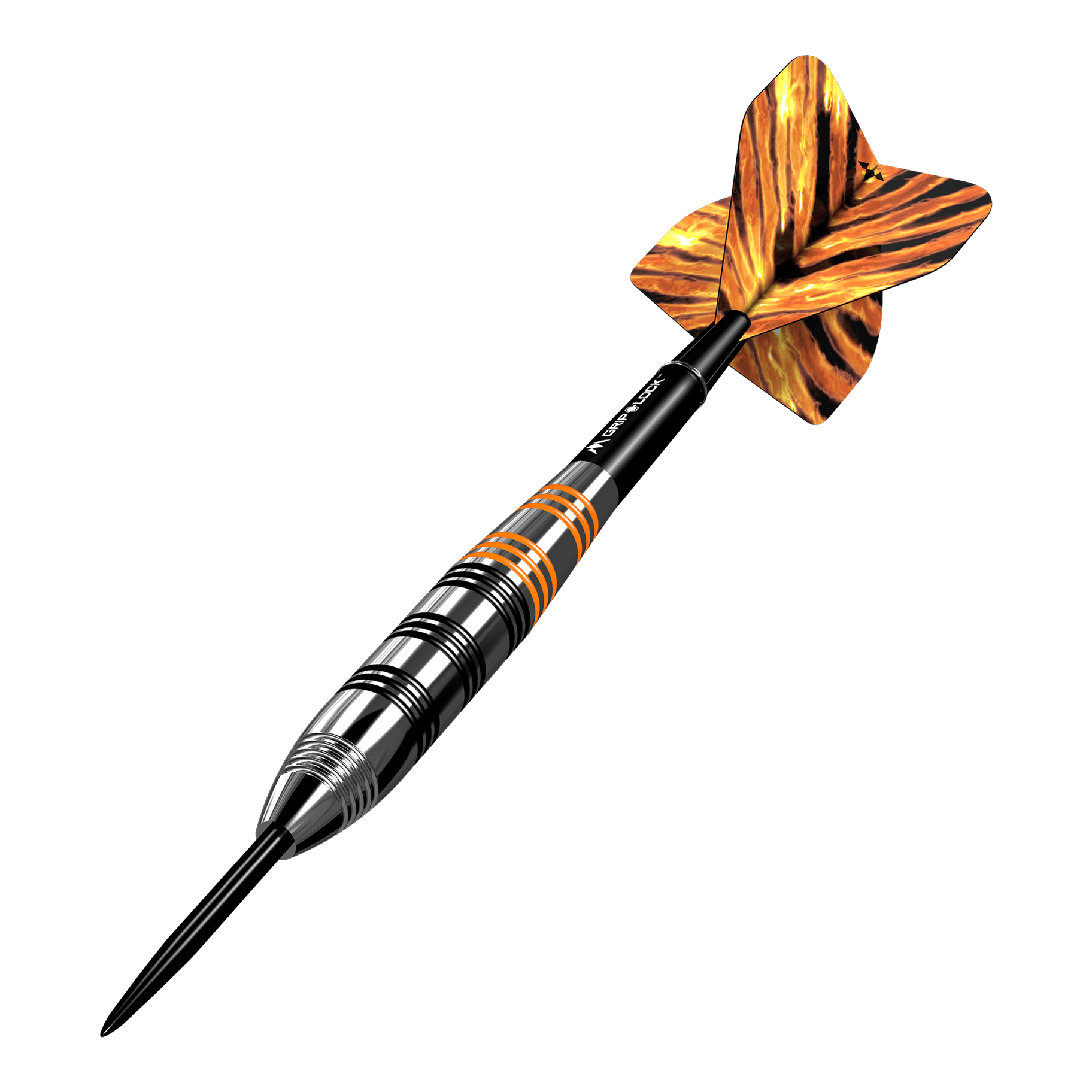 Šipky Mission Javan Brass Steel - 22g Das Bild zeigt einen Mission Javan Brass Steeldart mit einem Gewicht von 22 Gramm. Der Dart hat ein schwarz-silbernes Design mit orangefarbenen Akzenten und auffällig gemusterten Flights.
