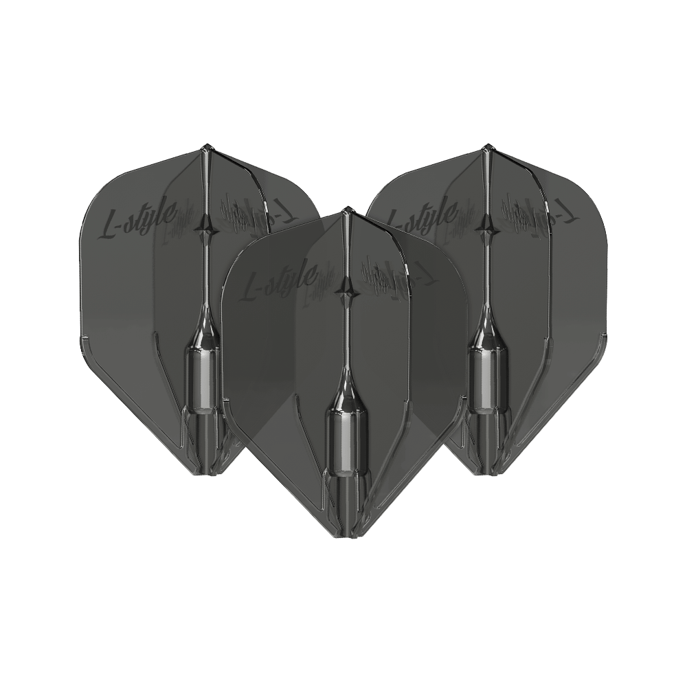 Letky L-Style Fantom L3EZ Čirá Černá Das Bild zeigt drei schwarze, transparente Dart-Flights des Modells "L-Style Fantom L3EZ". Auf den Flights ist der Schriftzug "L-style" zu sehen.