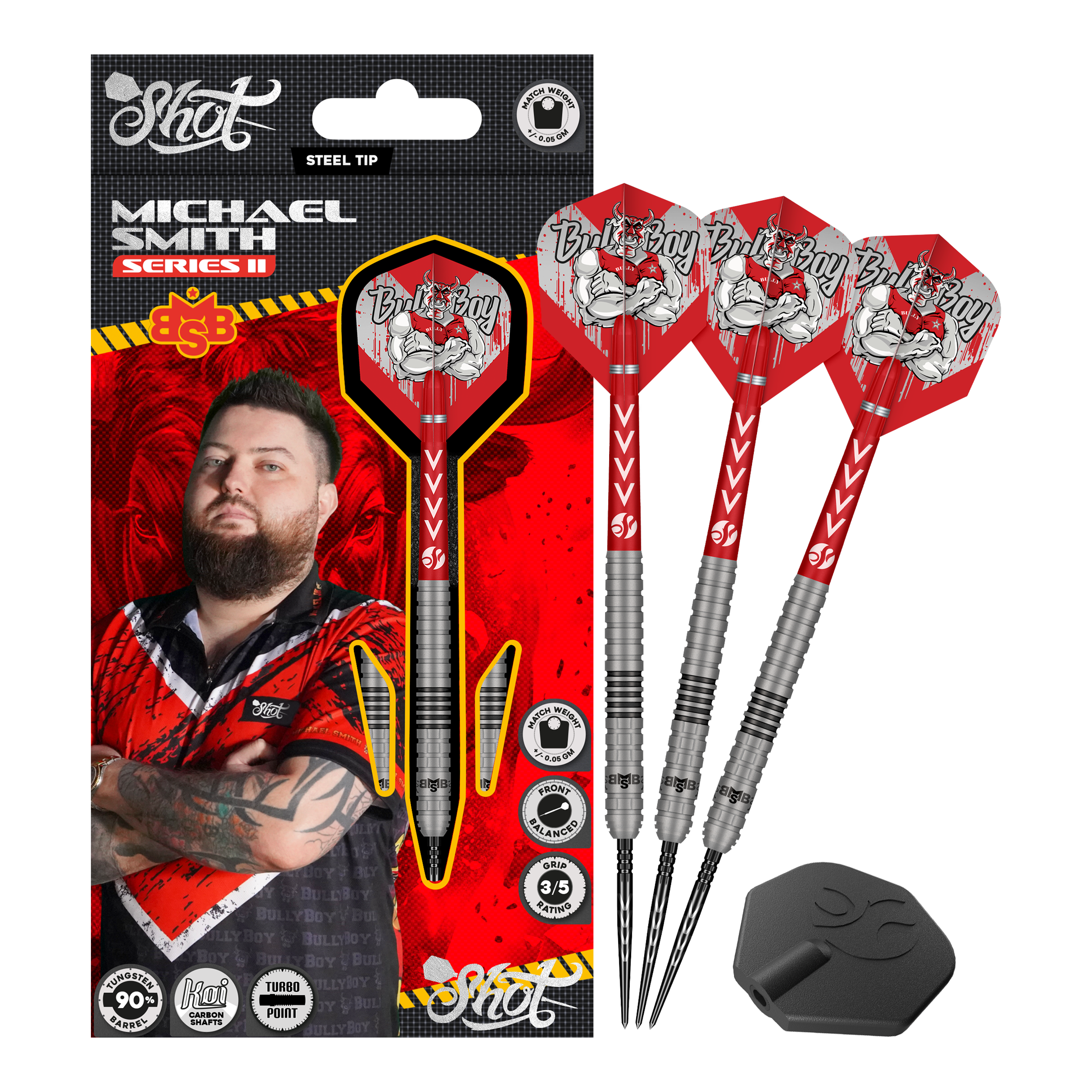 Ocelové šipky Shot Michael Smith Series 2 Turbo Point Das Bild zeigt die Shot Michael Smith Series 2 Turbo Point Steeldarts. Es sind hochwertige Steeldarts, die für den professionellen Gebrauch geeignet sind.