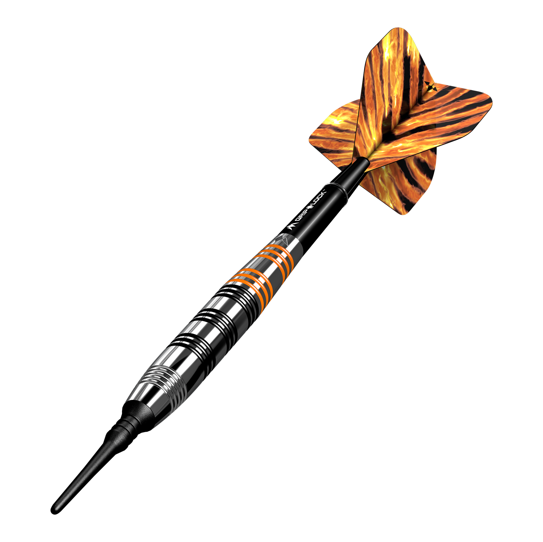 Šipky Mission Javan Brass Soft - 18g Das Bild zeigt einen Softdart namens "Mission Javan Brass Softdarts - 18g". Der Dartpfeil hat ein gestreiftes Design in Schwarz, Silber und Orange mit einer auffälligen, gemusterten Flugfeder.