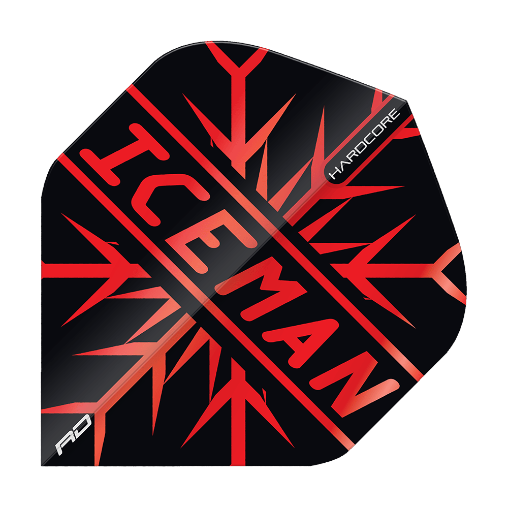 TF6872_Red_Dragon_Hardcore_Gerwyn_Price_Red_Premium_Standard_Flights_1 Das Bild zeigt ein Dartflight mit dem Aufdruck "ICEMAN" in roten Buchstaben auf schwarzem Hintergrund. Es handelt sich um das Produkt "Red Dragon Hardcore Gerwyn Price Red Premium Standard Flights".