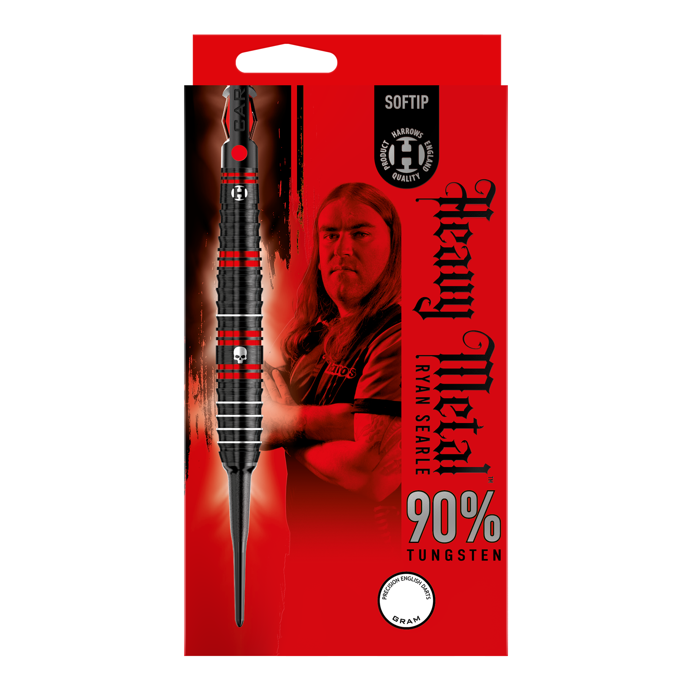 Měkké šipky Harrow's Ryan Searle Heavy Metal Die Verpackung zeigt die Harrows Ryan Searle Heavy Metal Softdarts mit einem Bild von Ryan Searle. Das Design hebt 90% Tungsten und ein auffälliges rot-schwarzes Farbschema hervor.