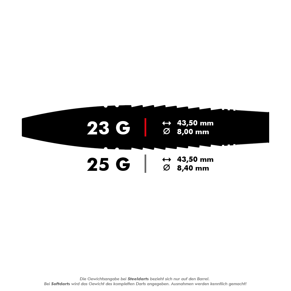Šipky Target Scott Williams Shaggy Black Swiss Point Steel Das Bild zeigt zwei Dartgewichte: 23 Gramm mit 43,50 mm Länge und 8,00 mm Durchmesser sowie 25 Gramm mit 43,50 mm Länge und 8,40 mm Durchmesser. Unten steht ein Hinweis, dass sich die Gewichtsangabe bei Steeldarts nur auf den Barrel bezieht.