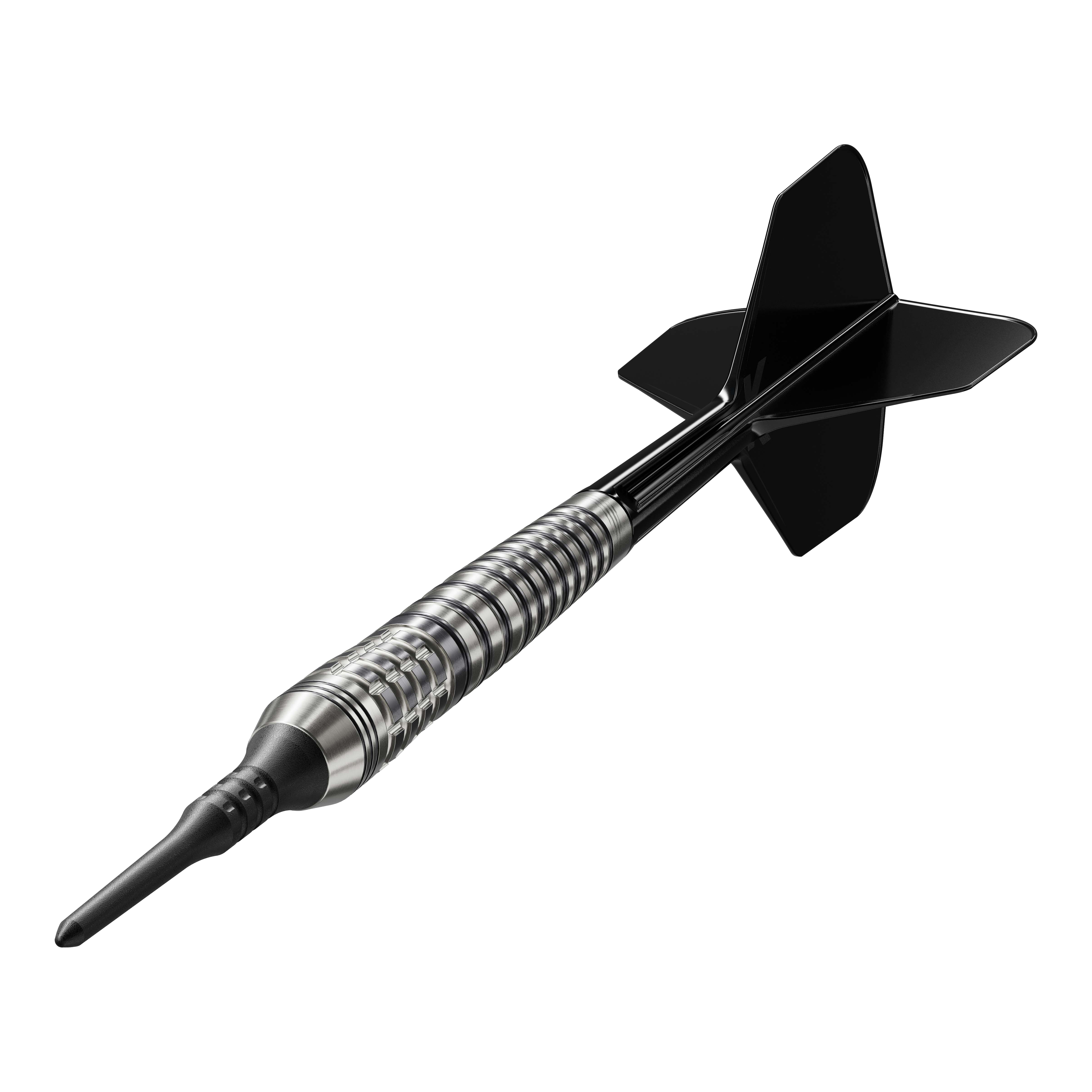 Šipky Target Japan Black Marque Renegade 4 Softdarts - 19g Das Bild zeigt einen Softdartpfeil mit schwarzer Spitze und schwarzen Flights. Es handelt sich um das Modell "Target Japan Black Marque Renegade 4 Softdarts - 19g".