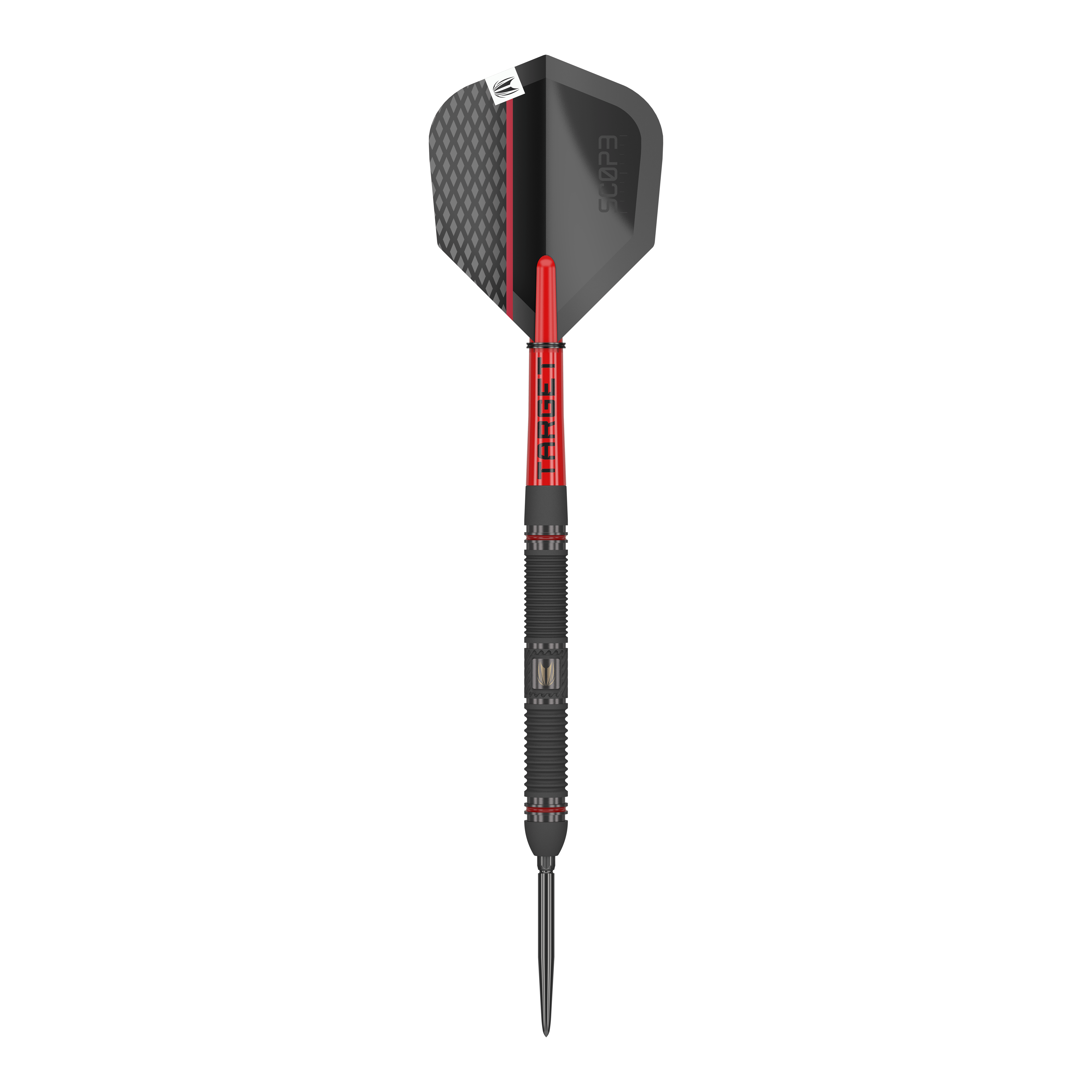 Ocelové šipky Target Scope 01 Swiss Point Auf dem Bild ist ein Target Scope 01 Swiss Point Steeldart zu sehen. Der Dart hat ein modernes Design in Schwarz und Rot mit einer strukturierten Oberfläche.