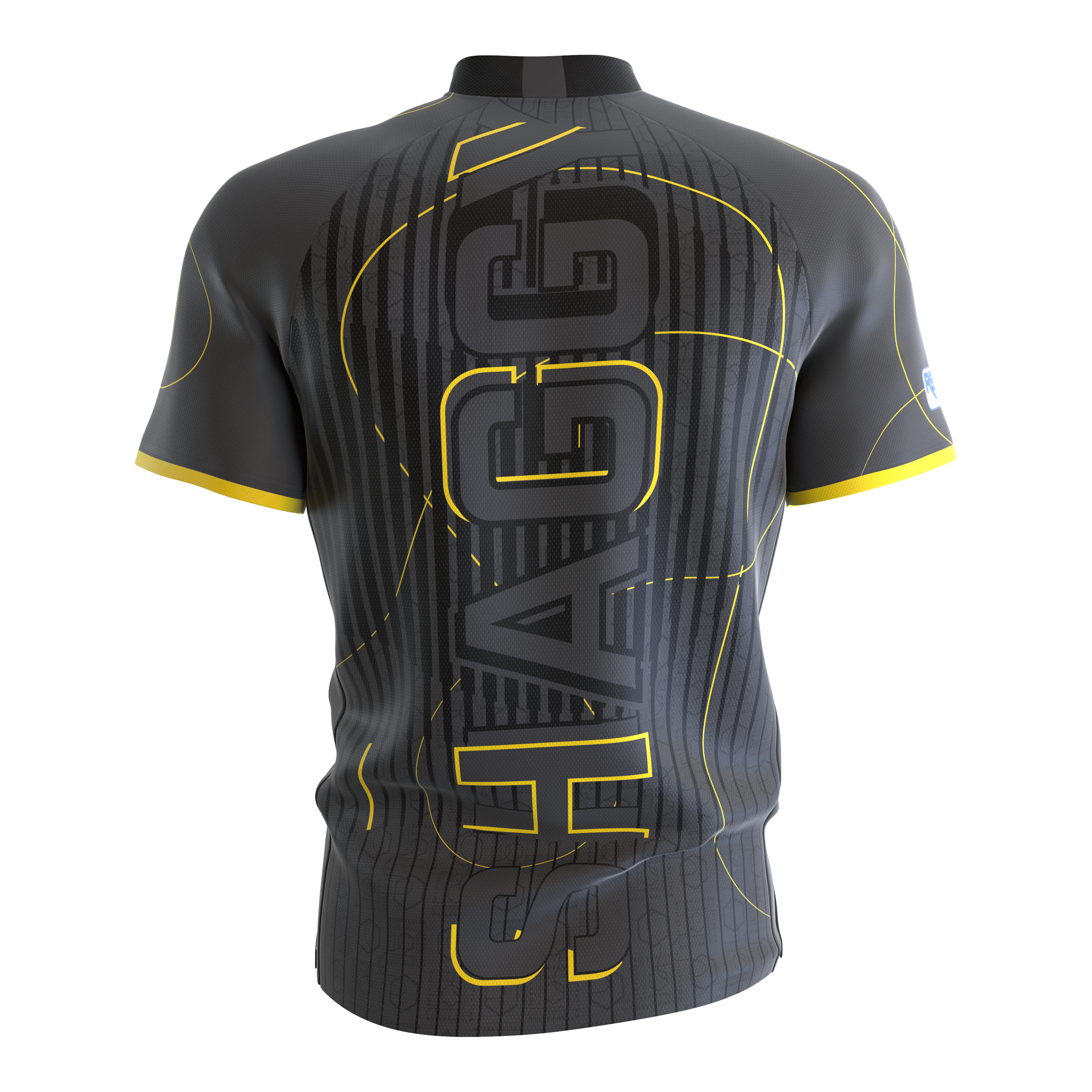 Tričko Scott Williams s potiskem Target Coolplay bez límce Das Bild zeigt das Target Coolplay Collarless Scott Williams Dartshirt von hinten. Das Shirt ist grau mit gelben Akzenten und dem großen Schriftzug "SHAGGY" auf dem Rücken.