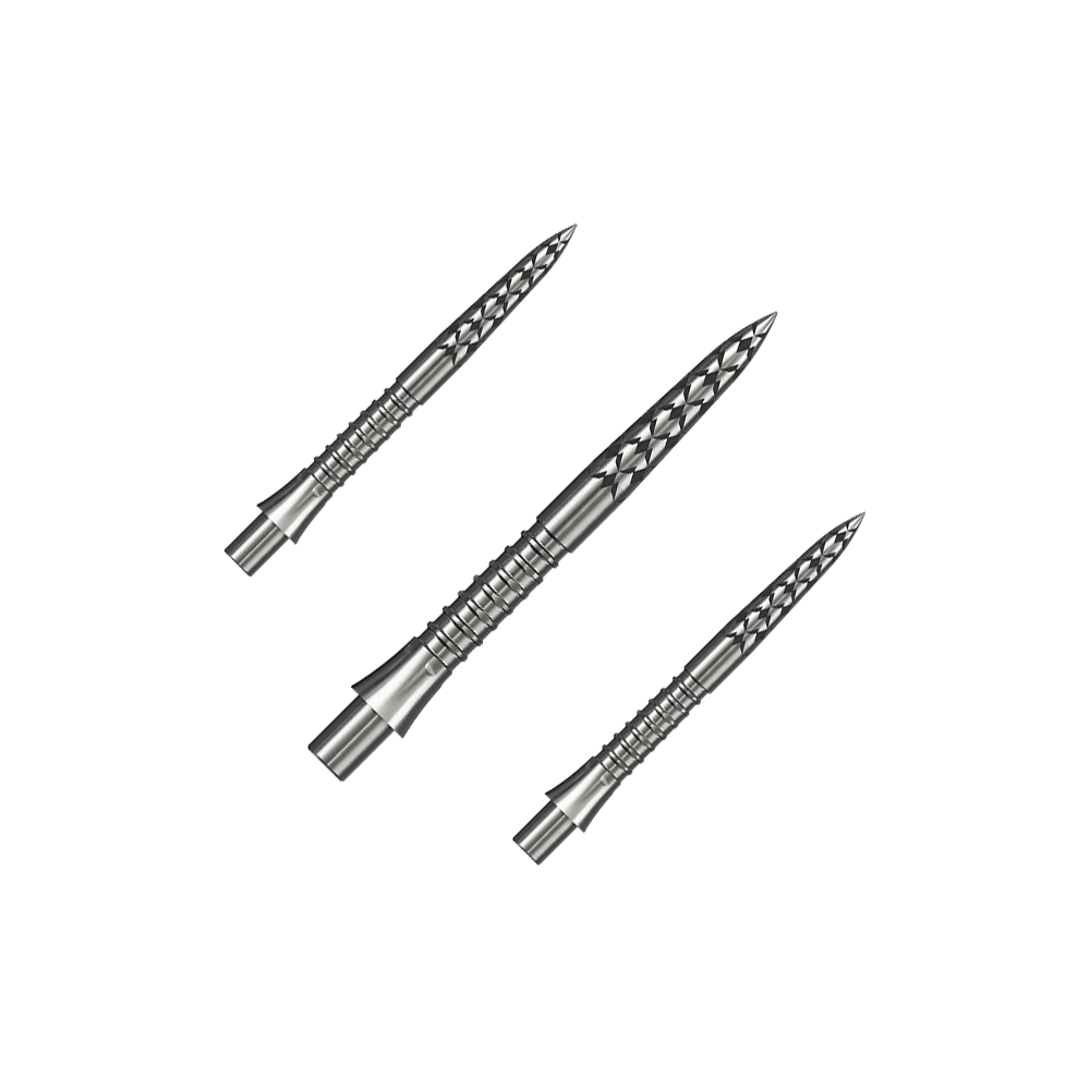 Hier ist ein Set silberner Steeldartspitzen mit 26 mm Länge zu sehen. Die Aufnahme basiert auf der Datei M002127_Missoin_Caliburn_EVO_GV-Logo_Steeldartspitzen_Silber_26mm_1Set.