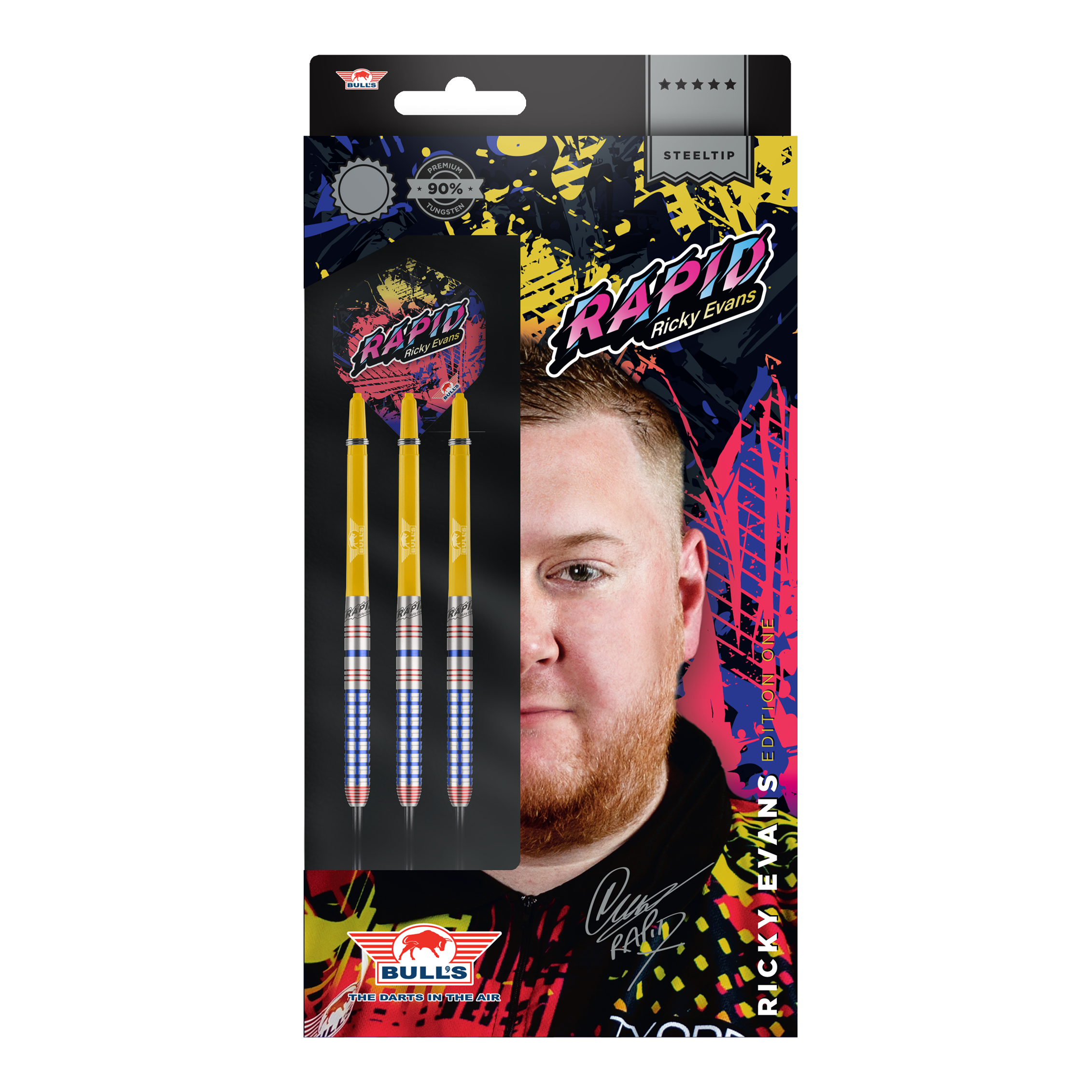 Bulls NL Ricky Evans Rapid Edition One Steeldarts Die Abbildung zeigt die Verpackung der "Bulls NL Ricky Evans Rapid Edition One Steeldarts". Auf der Packung sind drei gelb-silberne Steeldarts und ein Porträt von Ricky Evans zu sehen.