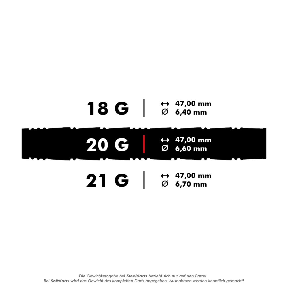 HA29129_Harrows_Taipan_Softdarts_5_20g Das Bild zeigt die Produktinformationen zu den Harrows Taipan Softdarts. Die Darts wiegen 20 Gramm, sind 47,00 mm lang und haben einen Durchmesser von 6,60 mm.