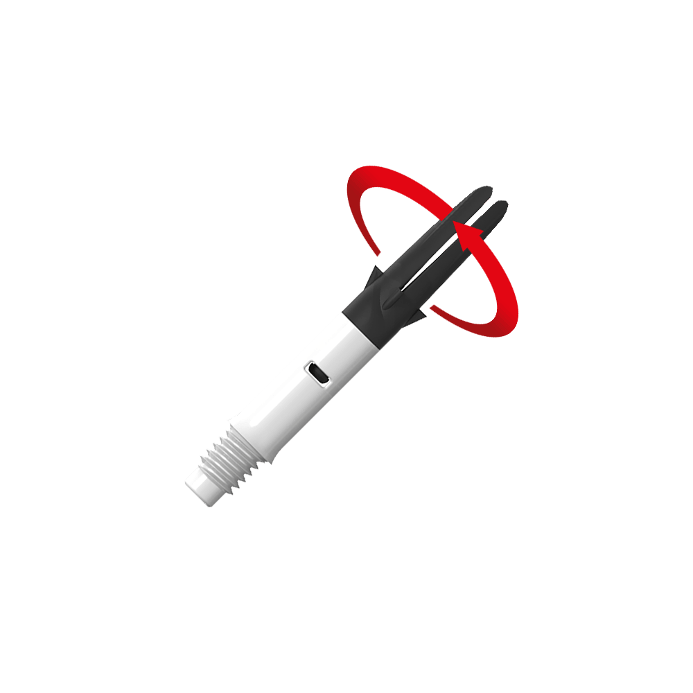 L-L-Style-Shaft Carbon Silent Straight - Bílá Das Bild zeigt einen weißen und schwarzen Dart-Schaft mit einem Gewinde am unteren Ende. Ein roter Pfeil deutet auf eine Drehbewegung des oberen Teils hin.