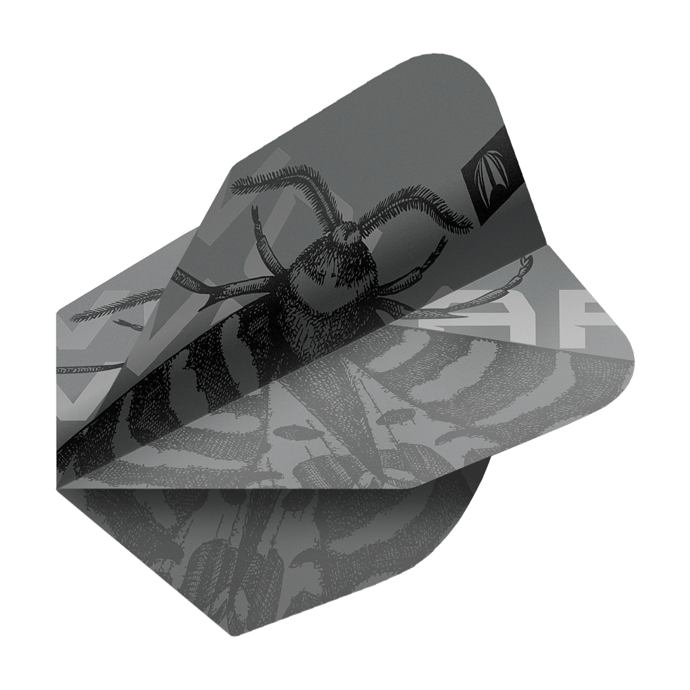 Letky Target Pro Ultra Volar č. 6 - 3 sady Das Bild zeigt ein Dartflight mit einem schwarz-grauen Design und einer Abbildung eines Insekts. Es handelt sich um das Produkt "Target Pro Ultra Volar No6 Flights - 3 Sets".