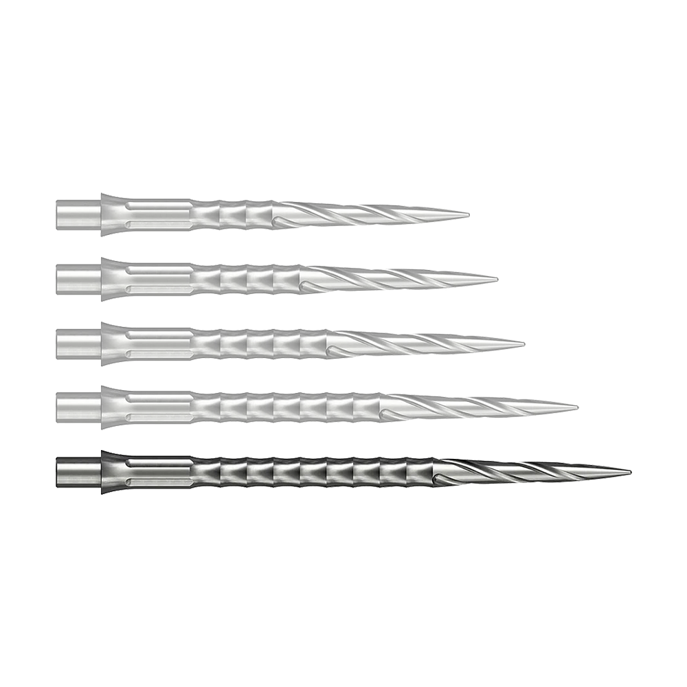 Ocelové hroty na šipky Caliburn System - Spiro - NoLip - stříbrné Die Abbildung stellt eine einzelne silberne Steeldartspitze aus dem Caliburn Evo System dar. Diese Spitze hat das Spiro NoLip Design und eine Länge von 40 mm.