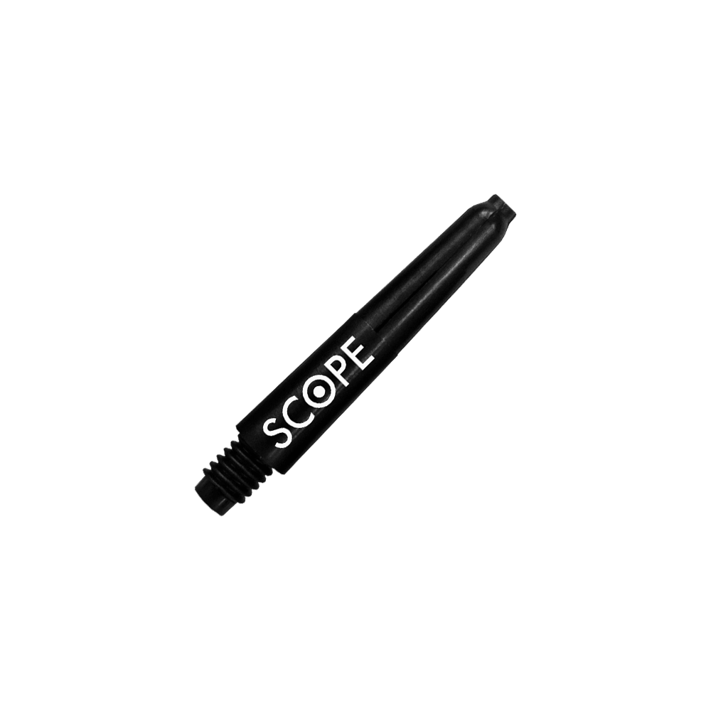 520_McDart_Scope_Nylon_Shafts_Schwarz_28mm_2 Das Bild zeigt einen schwarzen Nylon Dart-Schaft mit der Aufschrift „SCOPE“. Es handelt sich um das Produkt „McDart Scope Nylon Shafts“.
