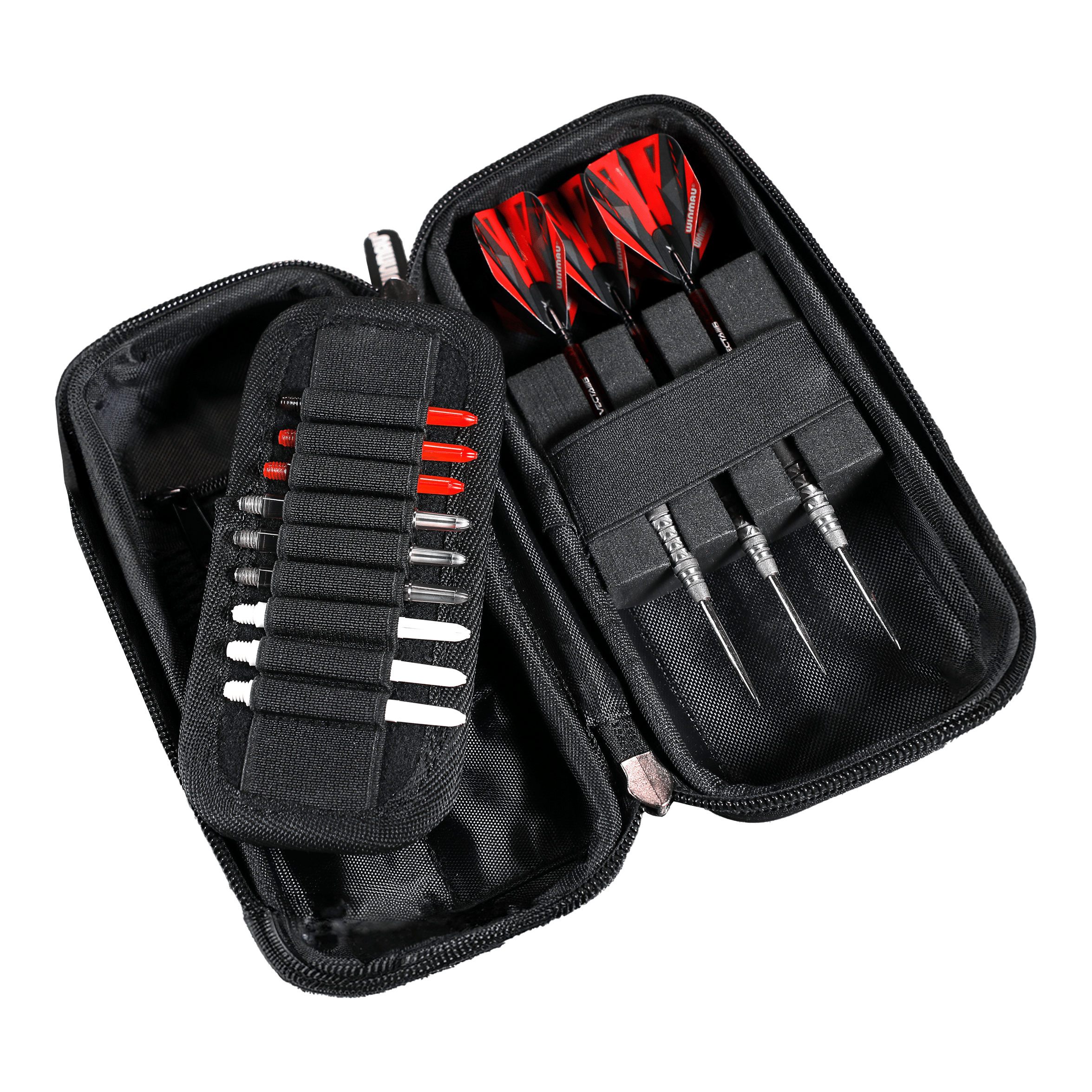 Peněženka Winmau Armor G1 Dart In diesem Bild ist ein offenes Dart-Etui zu sehen. Es enthält drei zusammengebaute Darts und mehrere Ersatzteile wie Spitzen und Flights.