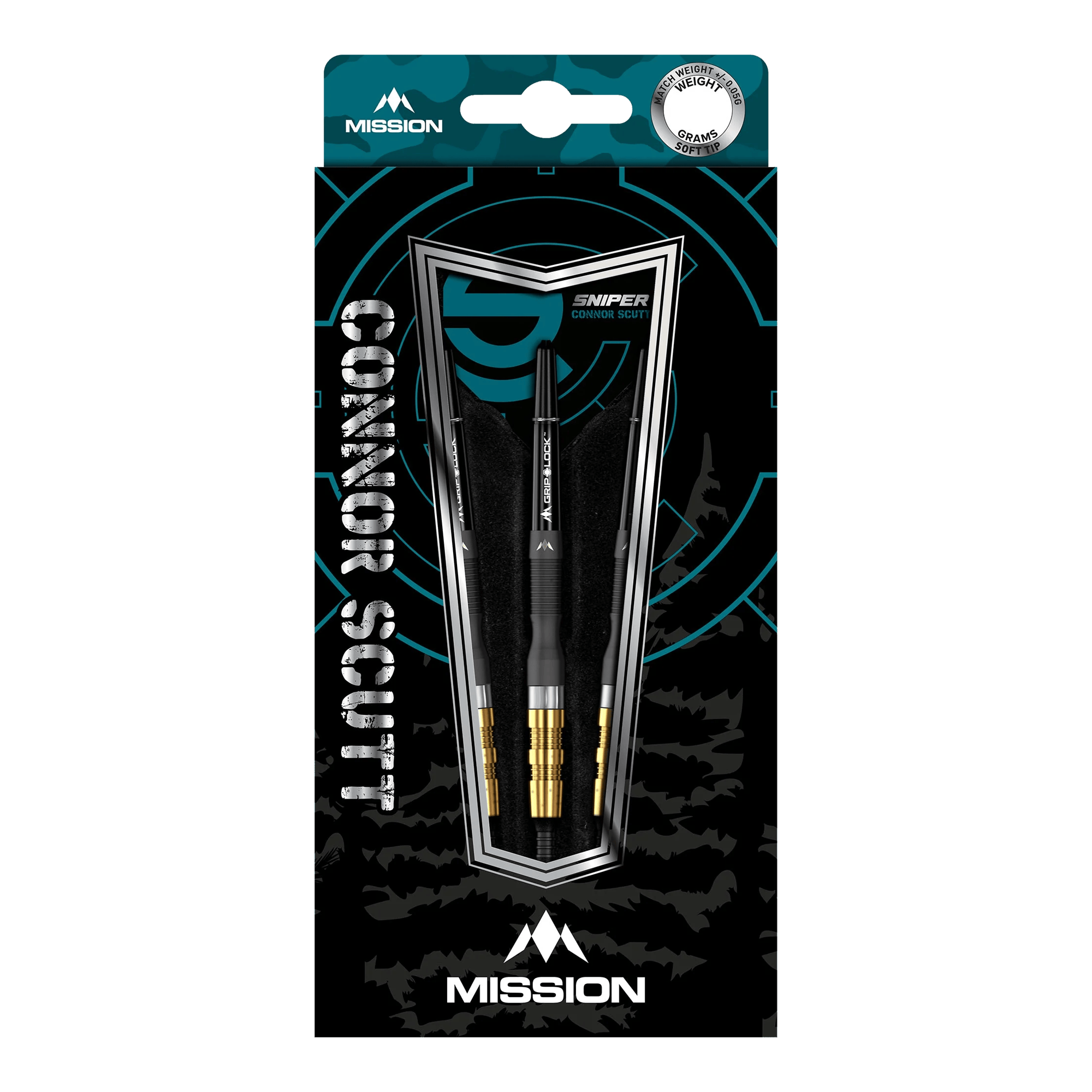 Das Bild zeigt die Mission Connor Scutt Sniper Black Gold Softdarts in einer Verpackung. Die Darts wiegen 20 Gramm und haben ein schwarzes und goldenes Design.