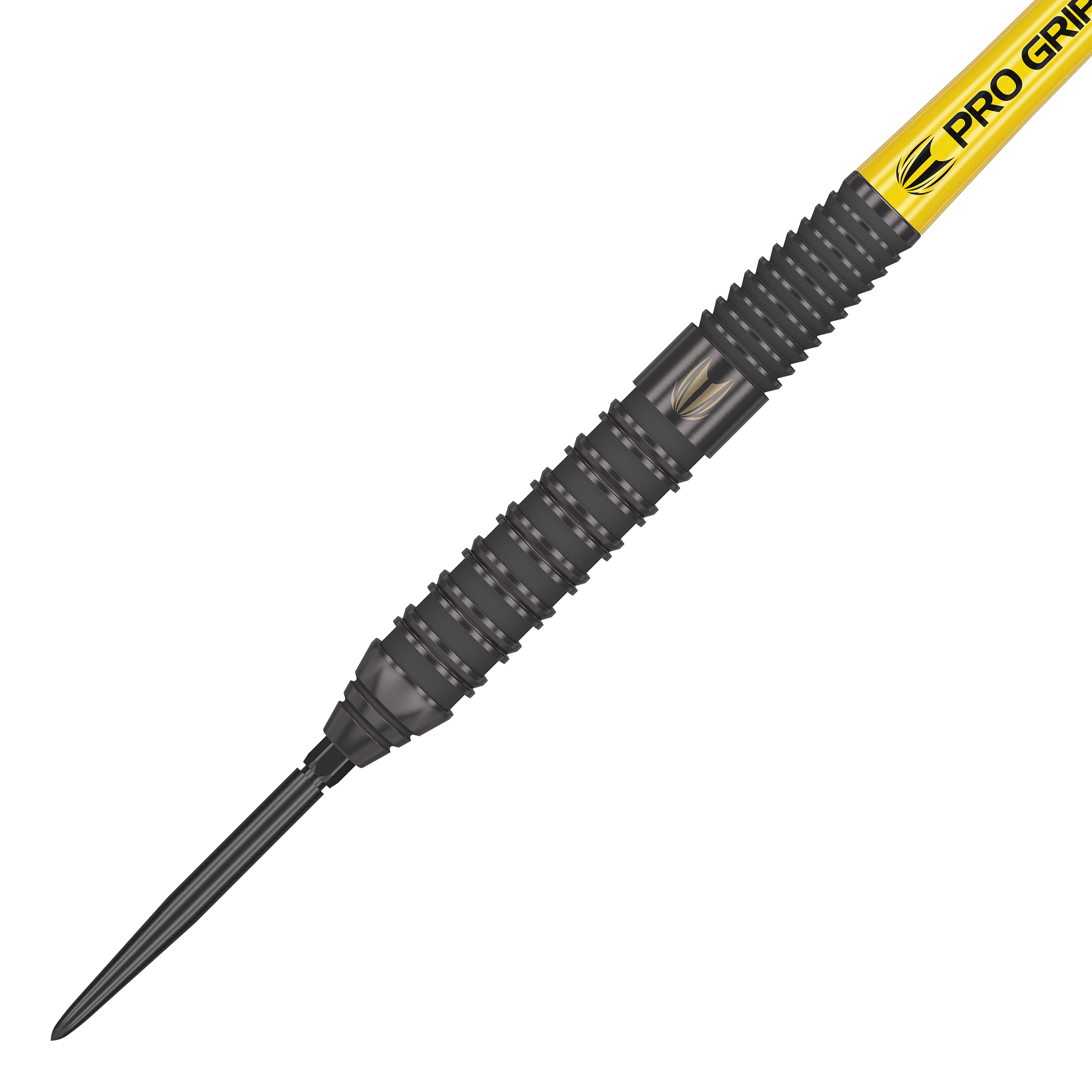 Ocelové šipky Target Bolide Void 02 Swiss Point Das Bild zeigt den Target Bolide Void 02 Swiss Point Steeldart. Der Dart hat ein schwarzes Griffstück mit feinen Rillen und einer gelben „Pro Grip“-Beschriftung am Schaft.
