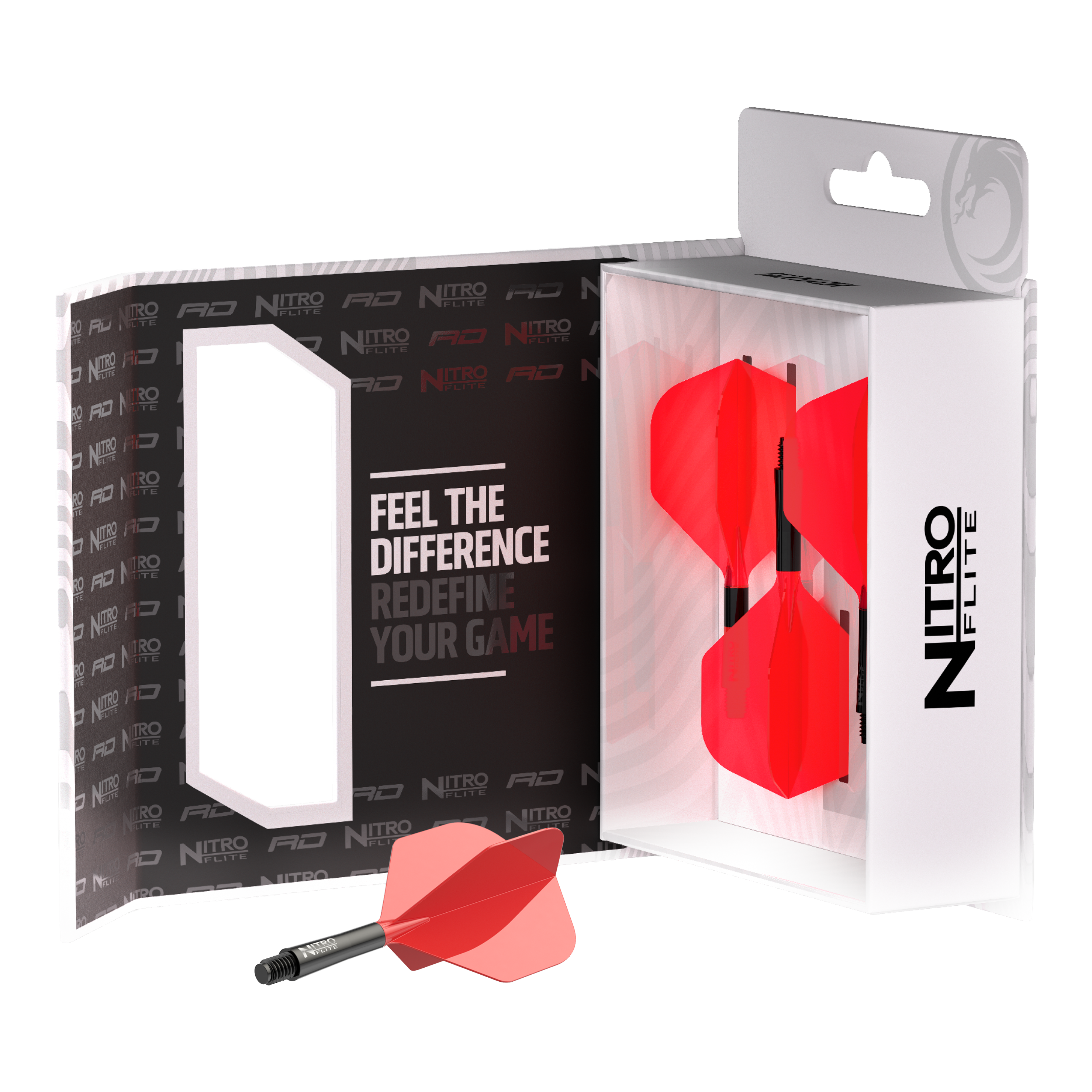 Hier ist das Produkt Red Dragon Nitro Flite - Black Shaft Red No2 Flights abgebildet. Es zeigt Dart-Flights in Rot und Schwarz mit schwarzem Schaft.