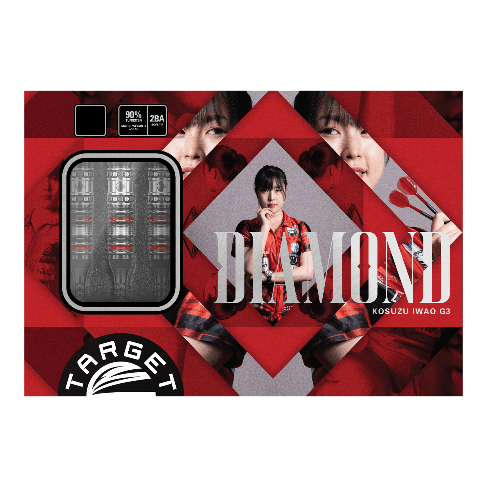 Měkké šipky Target Japan Prime Series Diamond GEN3 - 18g Die Abbildung zeigt das Produkt "Target Japan Prime Series Diamond GEN3 Softdarts - 18g". Auf der Verpackung sind die Darts selbst sowie ein Porträt einer Frau und das Wort "DIAMOND" zu sehen.