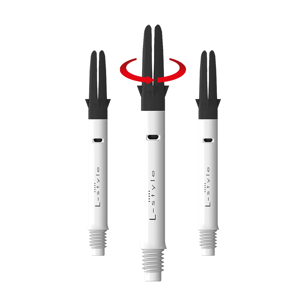 L-L-Style-Shaft Carbon Silent Straight - Bílá Auf dem Bild sind drei weiße Dartschäfte der Marke L-Style mit schwarzen Spitzen zu sehen. Über dem mittleren Schaft ist ein roter Pfeil, der auf eine Drehbewegung hinweist.