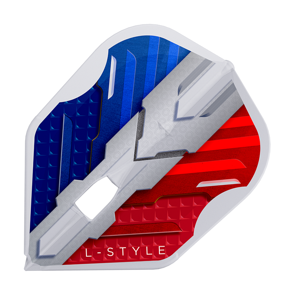 Letky L-Style V Series V1 Type B France Clear White L3PRO Das Bild zeigt das Produkt "L-Style V-Series V1 Type B France Clear White L3PRO Flights". Die Dart-Flight ist in den Farben Blau, Weiß und Rot gestaltet und trägt die Aufschrift "L-STYLE".