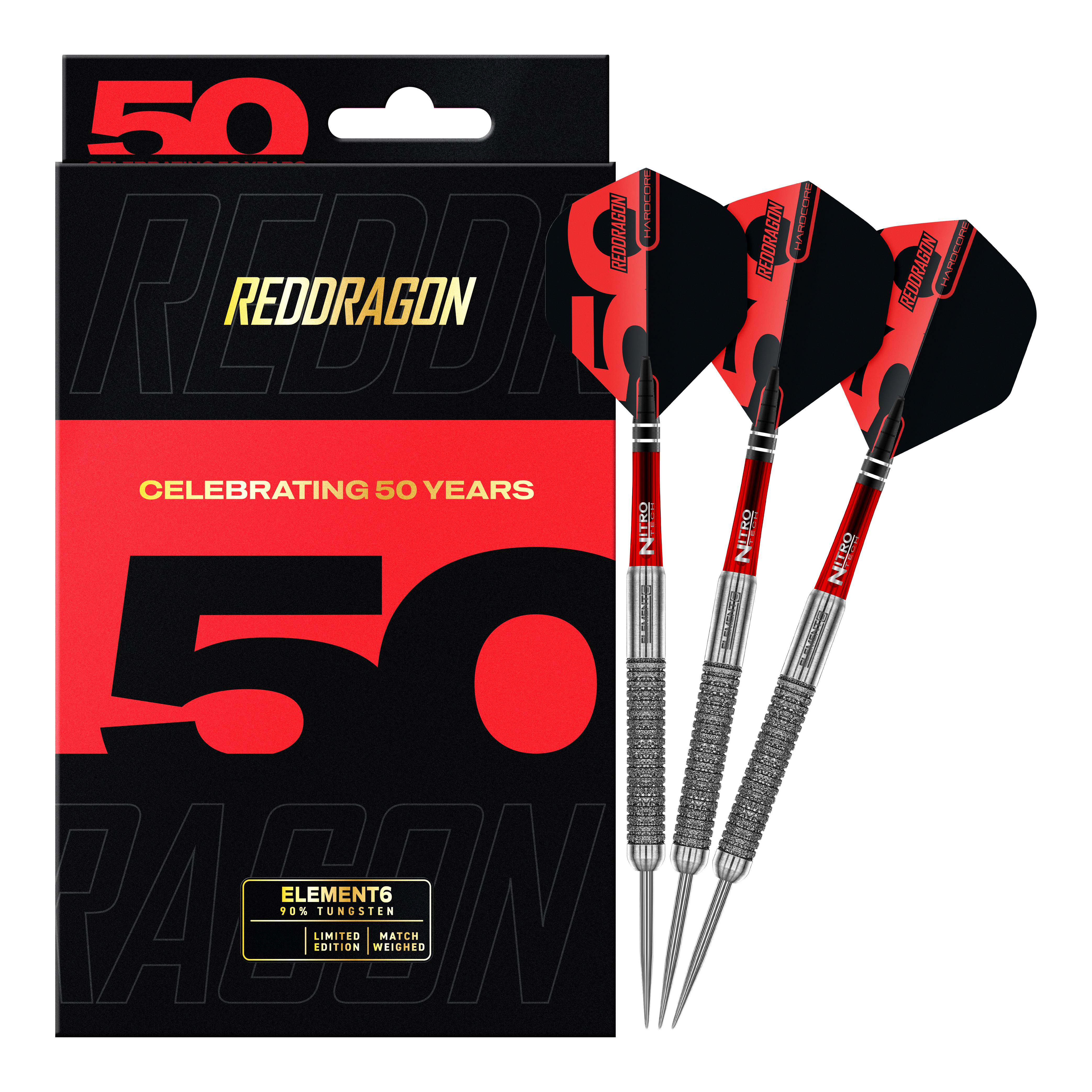 Ein vollständiger Blick auf die Red Dragon 50 Year Collection Element 6 B Steeldarts - 24g. Das Bild zeigt das komplette Produkt in voller Länge.