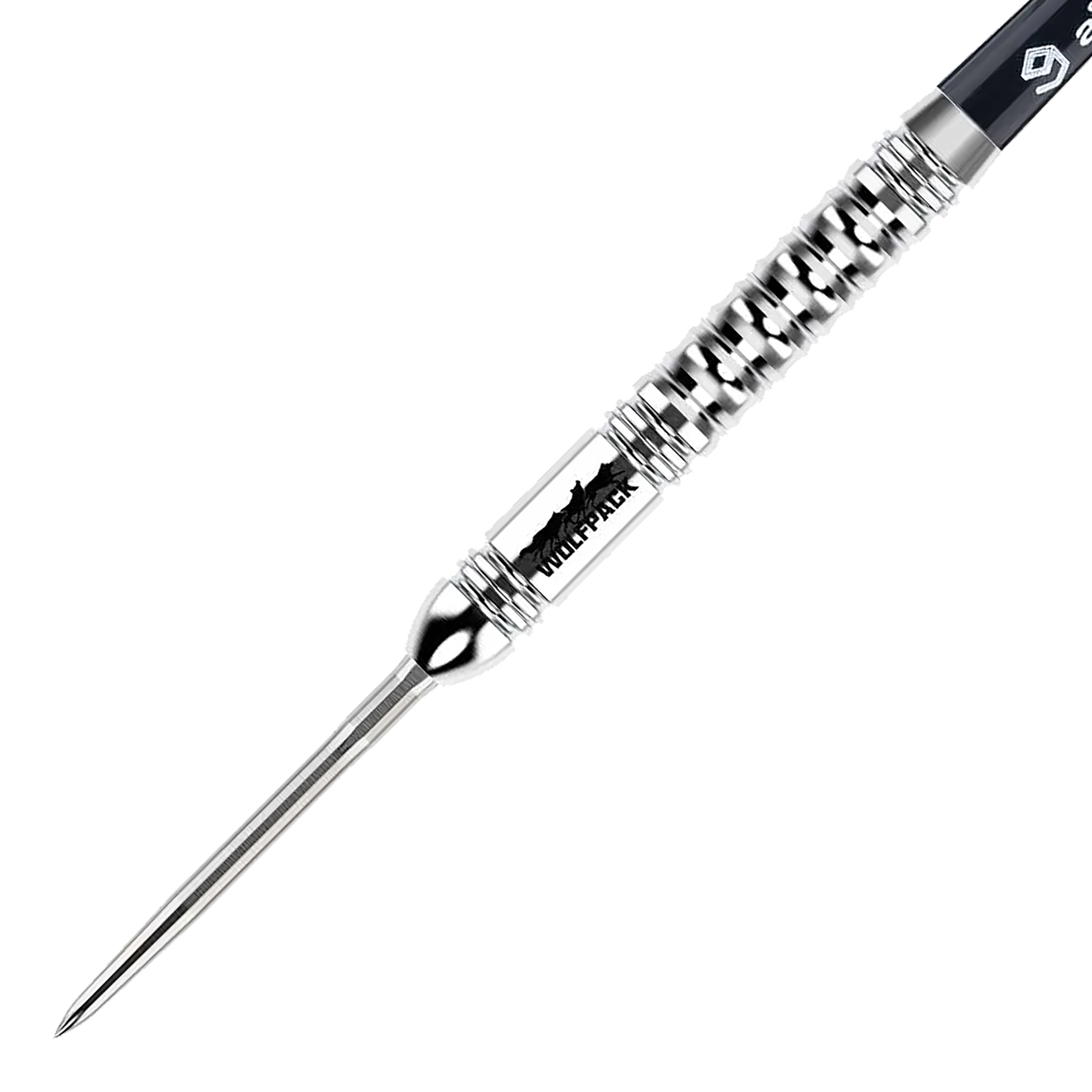 Ocelové šipky Caliburn Wolfpack W1 - 23g Das Bild zeigt einen Caliburn Wolfpack W1 Steeldart mit einem Gewicht von 23,5g. Der Dart hat ein silbernes, geriffeltes Design und ist mit dem Schriftzug "WOLFPACK" versehen.