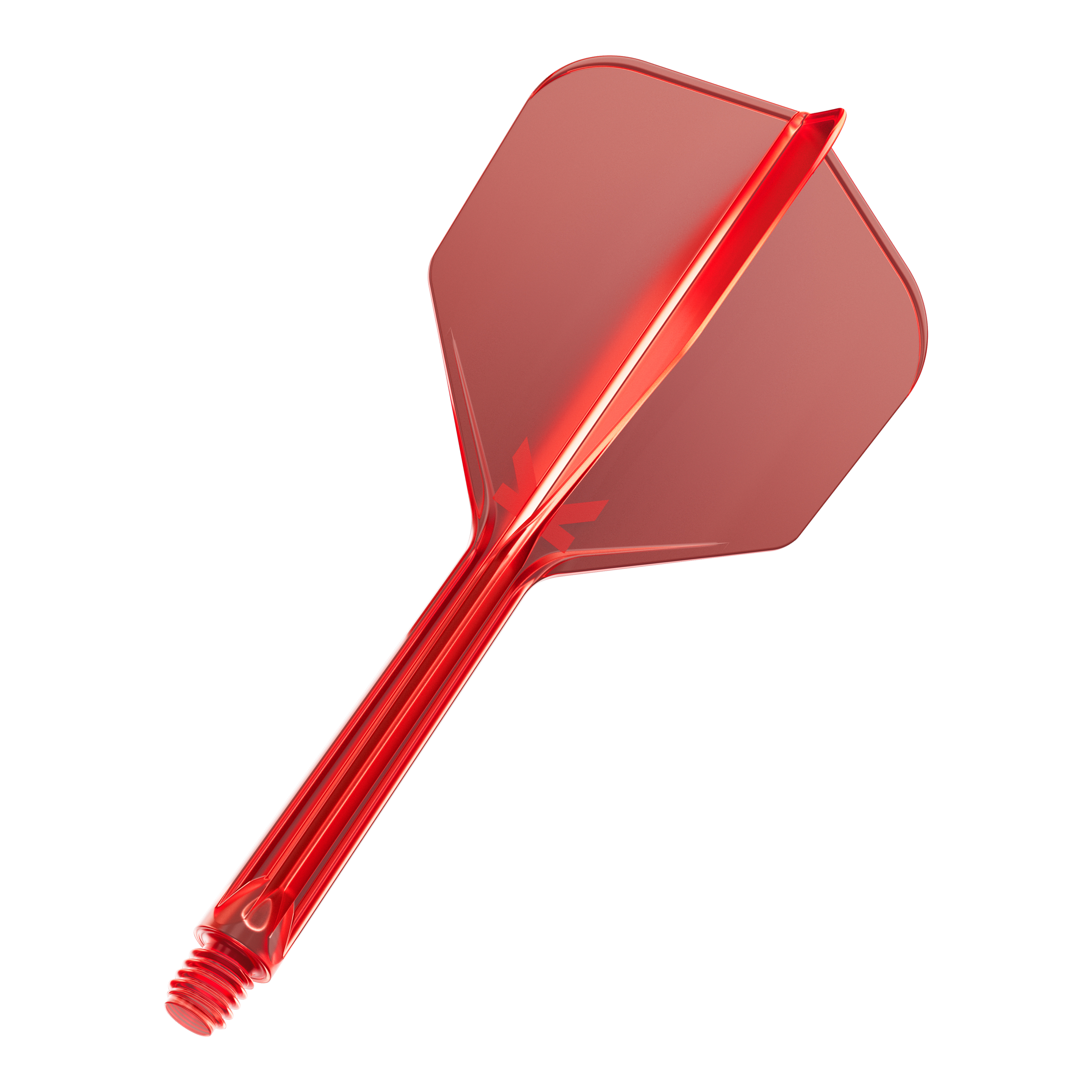 Letový systém Target K-Flex No6 - červený Das Bild zeigt einen roten Dart-Flügel mit Schaft aus Kunststoff. Er hat eine sechseckige Form und ein Schraubgewinde am Ende.