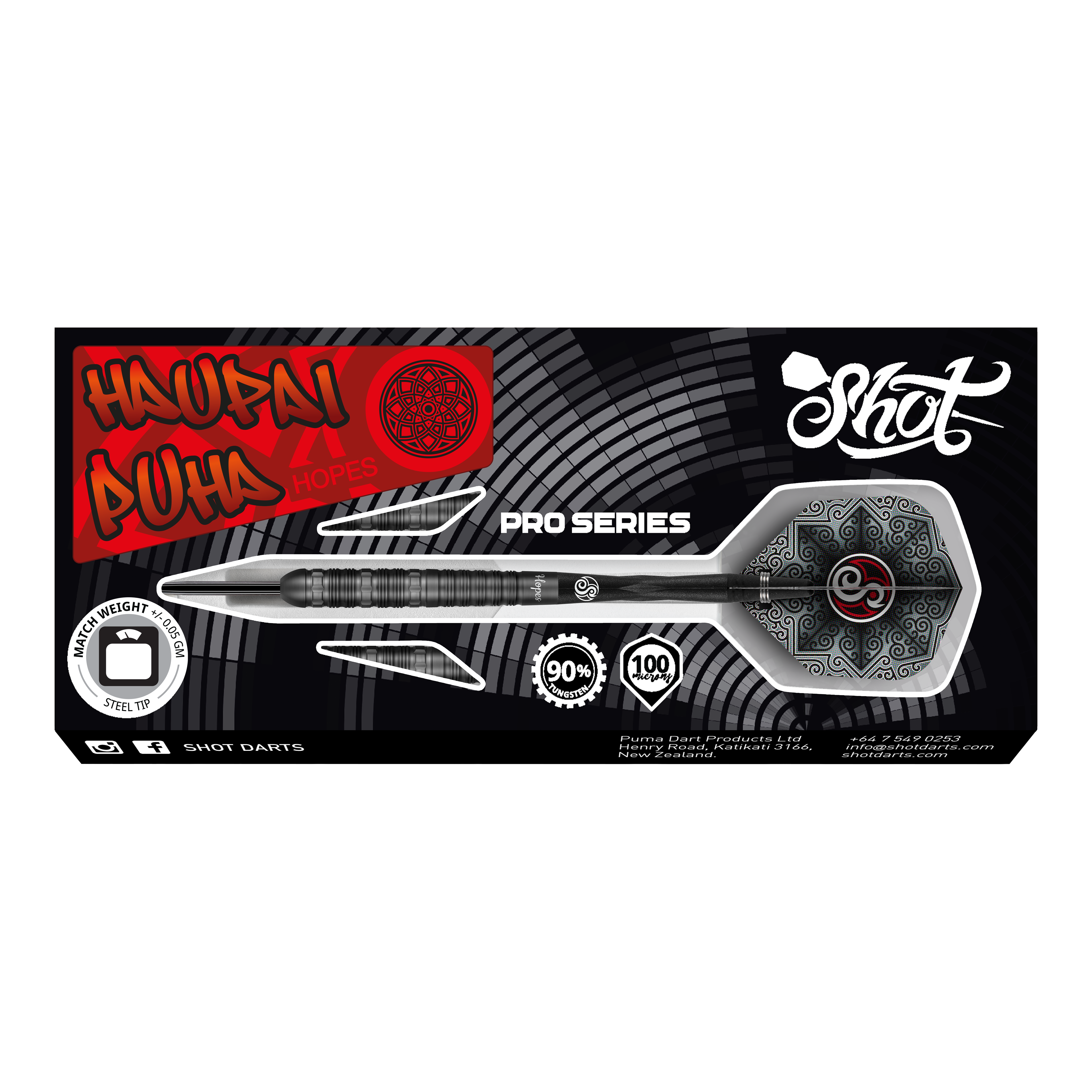 Šipky Shot Pro-Series Haupai Puha 2 ocelové - 24g Das Bild zeigt die Verpackung der Shot Pro-Series Haupai Puha 2 Steeldarts mit 24g Gewicht. Die Verpackung ist schwarz mit auffälligen roten und weißen Designelementen sowie einem großen Bild eines Steeldarts.