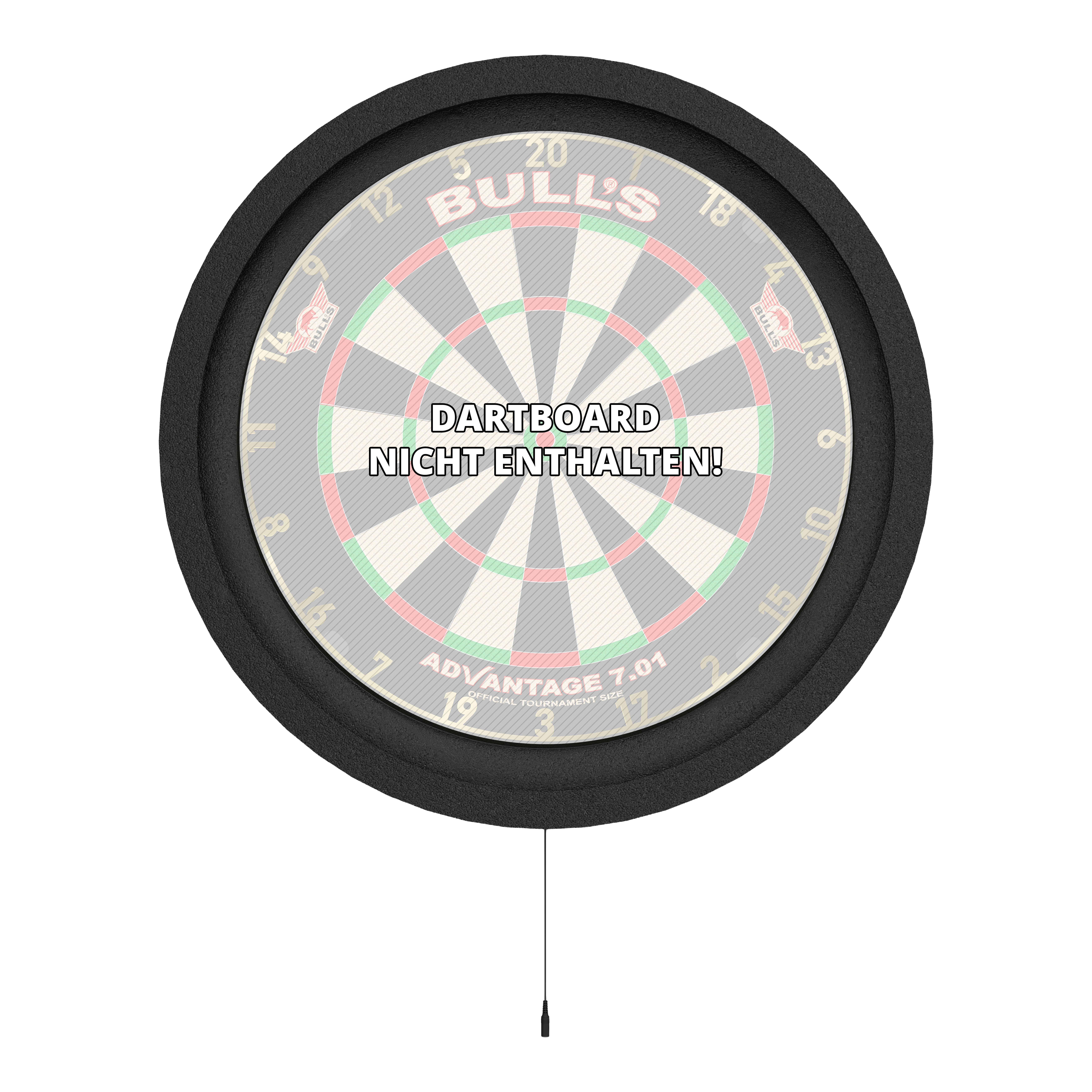 Das Bild zeigt das Bulls NL Lumo 2 Light Surround Beleuchtungssystem, das einen Dartboard-Rahmen mit integrierter Beleuchtung darstellt. In der Mitte steht geschrieben "Dartboard nicht enthalten".