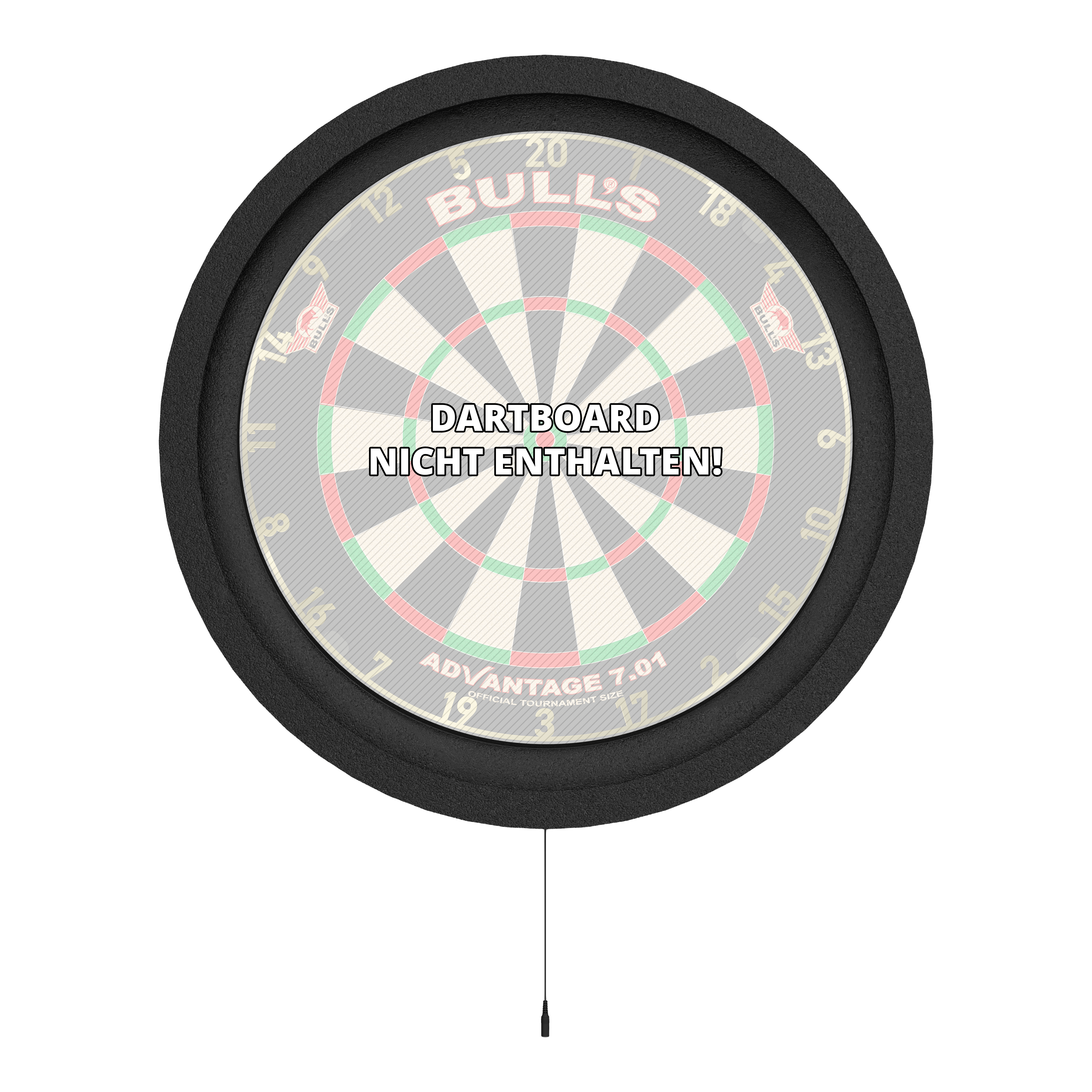 Systém prostorového osvětlení Bulls NL Lumo 2 Light Das Bild zeigt das Bulls NL Lumo 2 Light Surround Beleuchtungssystem, das einen Dartboard-Rahmen mit integrierter Beleuchtung darstellt. In der Mitte steht geschrieben "Dartboard nicht enthalten".