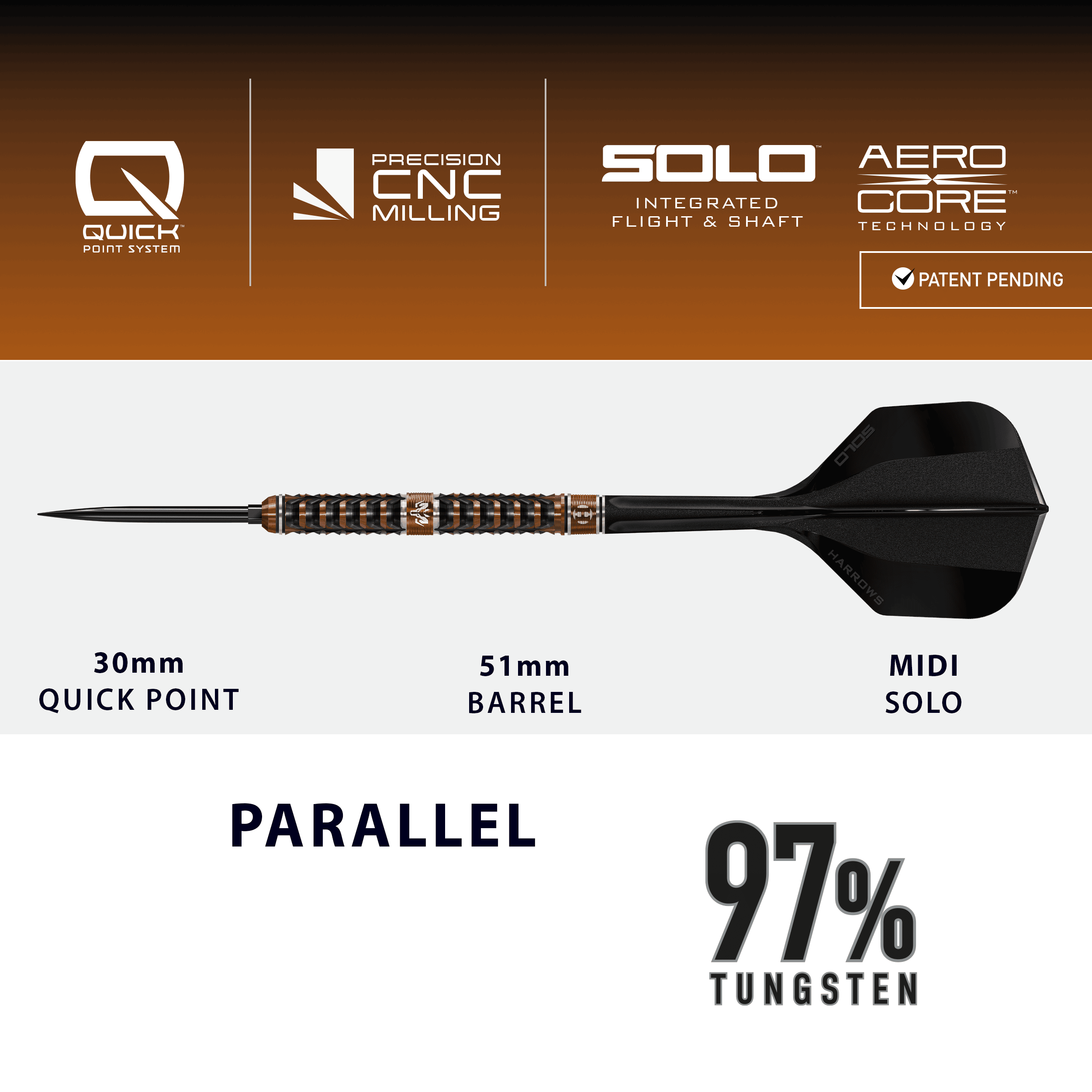 Gezeigt werden die Harrows Wolfram Trinity Quick Point Steeldarts. Diese Darts zeichnen sich durch ihre hohe Präzision und Verarbeitung aus.