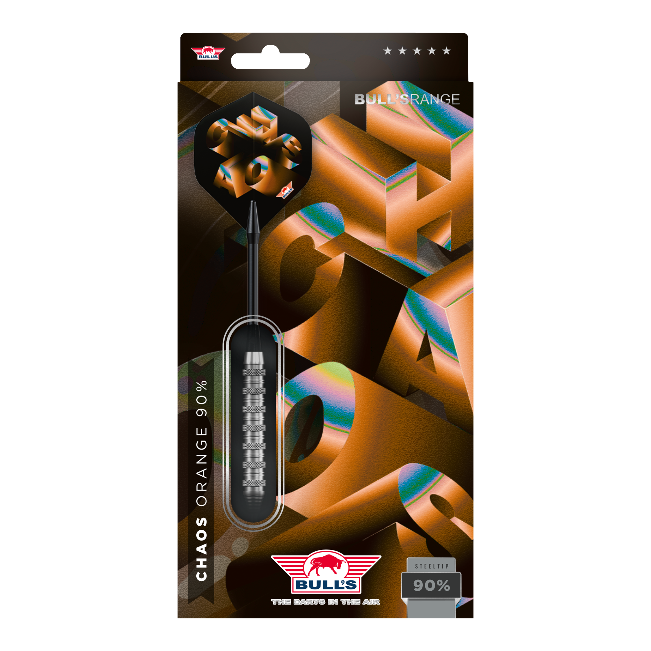 Abgebildet sind die Bulls NL Chaos Orange Steeldarts, 23 Gramm schwer. Die Darts kombinieren sportliche Leistung mit auffälligem Design.