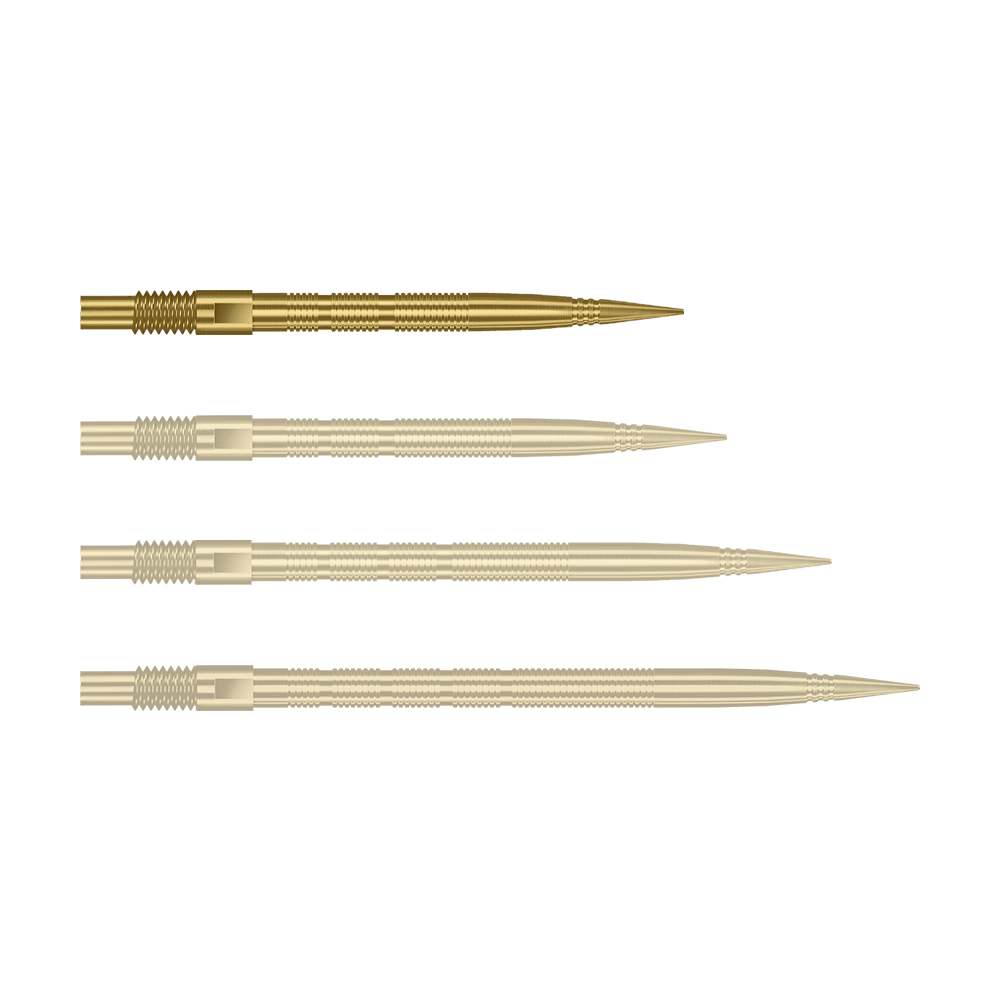 Špičky na šipky Harrows Quick Point Micro Ridge - zlaté Abgebildet sind goldene MicroRidge Dartspitzen mit einer Länge von 26 mm. Das Produkt ist vermutlich von Harrows, Modell Quick Point.