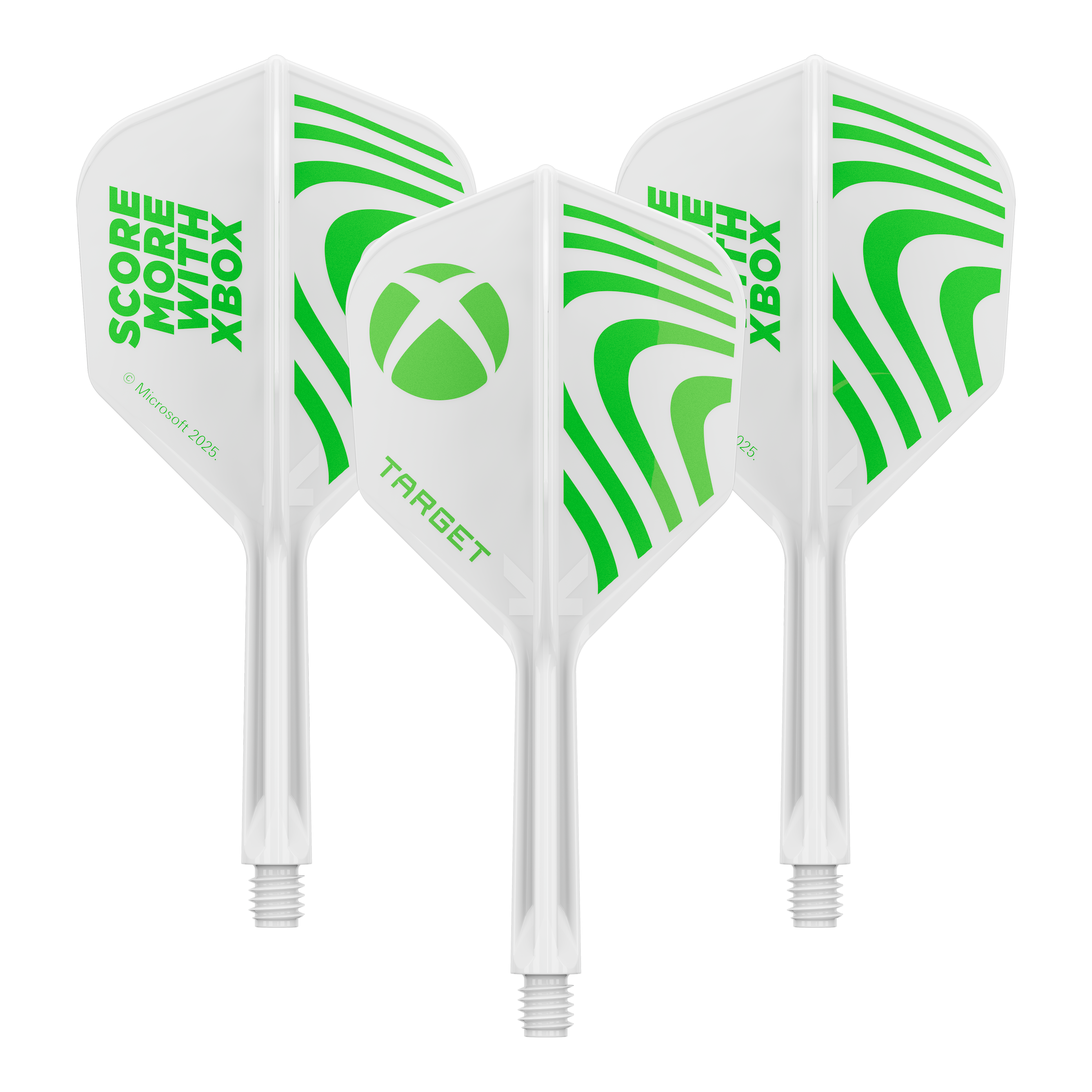 Abgebildet ist vermutlich ein Set Target Xbox KFlex No6 Flights in der Größe 26mm. Es handelt sich um Zubehör für Dartpfeile.