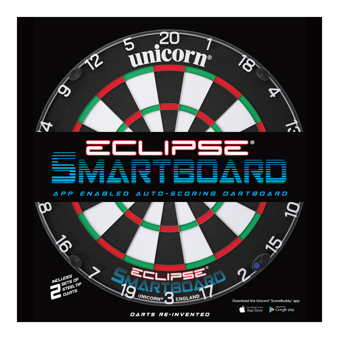 Ocelový terč Unicorn Eclipse Smartboard Das Bild zeigt das Produkt "Unicorn Eclipse Smartboard Steeldartboard". Es handelt sich um eine App-unterstützte Steeldart-Scheibe mit automatischer Punkteauswertung.