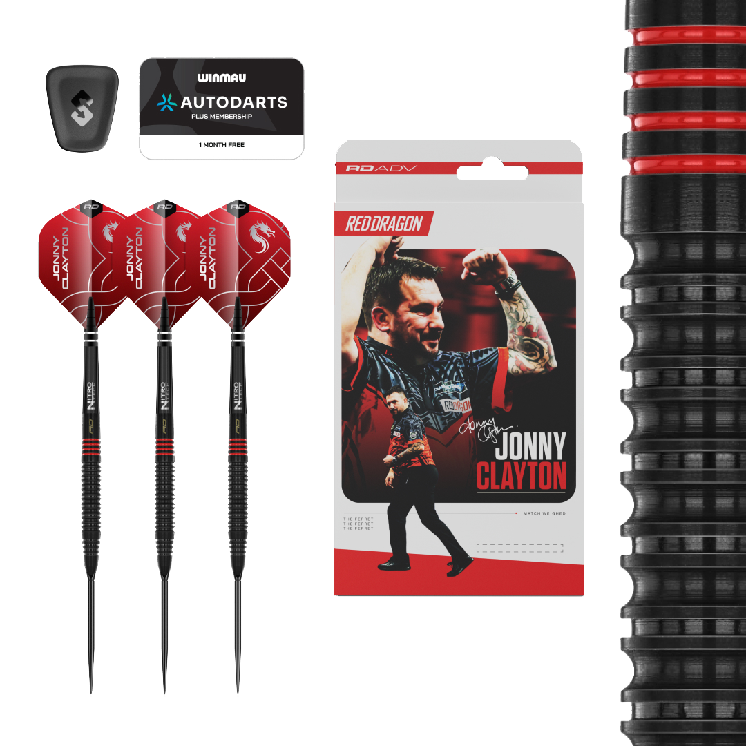 Šipky Red Dragon Jonny Clayton RD-ADV Switch Point ocelové Abgebildet ist ein Set Red Dragon Jonny Clayton RD-ADV Switch Point Steeldarts. Die Darts sind deutlich zu erkennen und die Beschriftung ist lesbar.