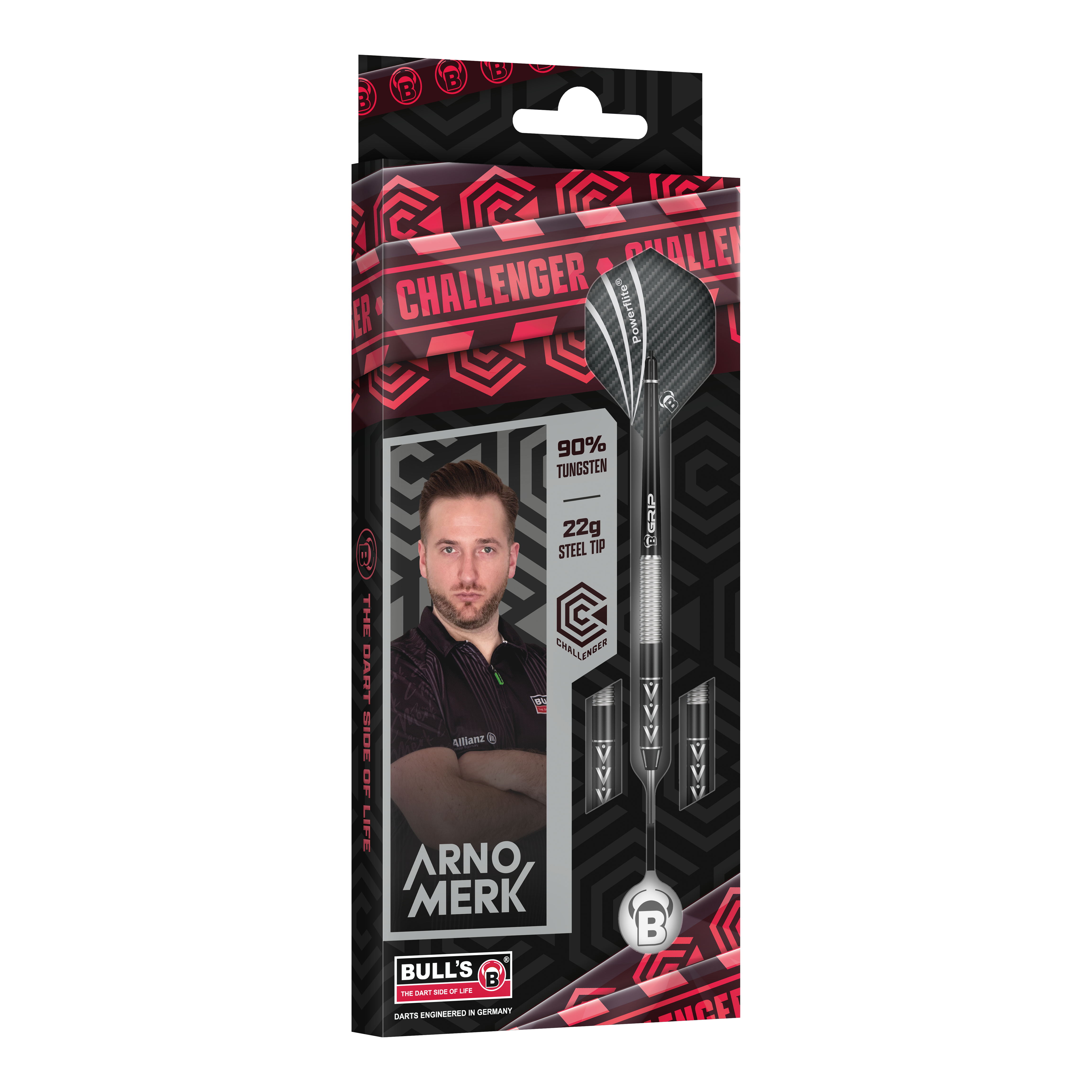Die Abbildung zeigt die Verpackung der „Bulls Challenger Arno Merk Steeldarts - 22g“. Auf der Verpackung sind der Dartspieler Arno Merk, die Darts sowie die Angaben „90% Tungsten“ und „22g Steel Tip“ zu sehen.