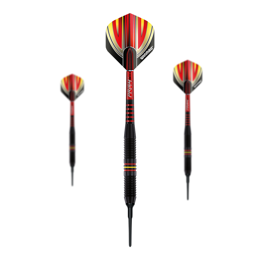 Winmau Outrage V1 Black Coated Brass Softdarts - 18g Das Bild zeigt drei Winmau Outrage V1 Black Coated Brass Softdarts mit einem Gewicht von 18g. Die Pfeile haben ein schwarzes Barrel und auffällige Flights in Rot, Gelb und Schwarz.