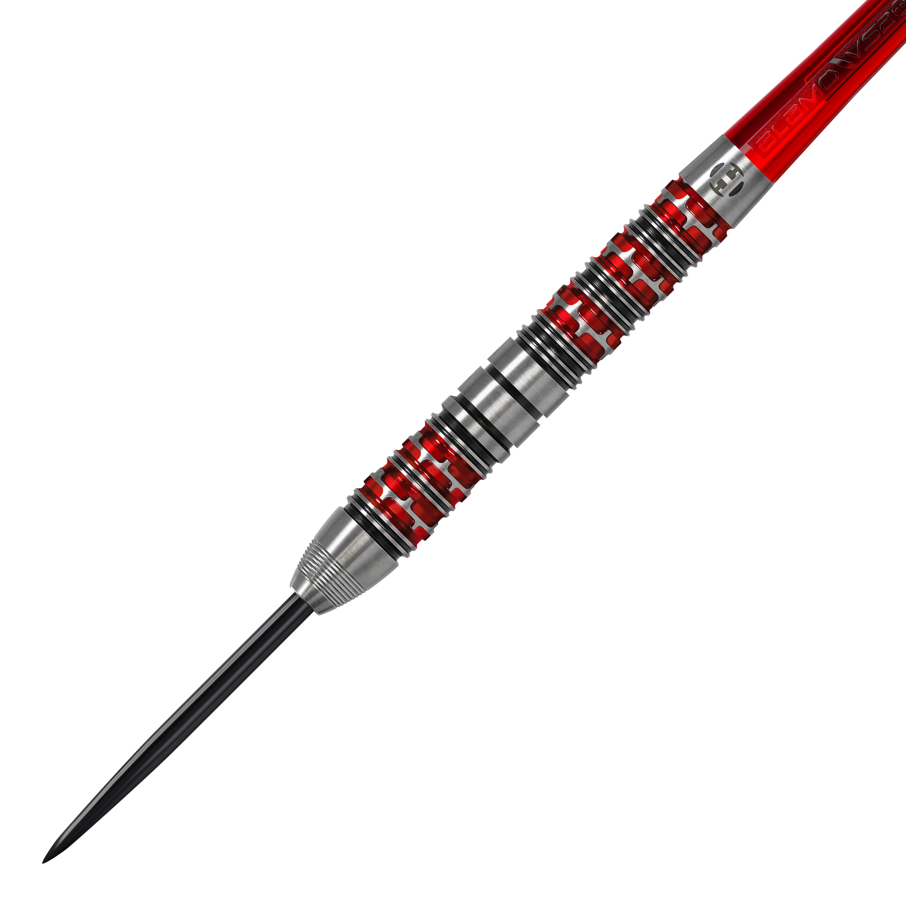 Das Bild zeigt einen Harrows Damon Heta Series 3 Steeldart. Der Dartpfeil hat ein silbernes Barrel mit roten und schwarzen Akzenten.