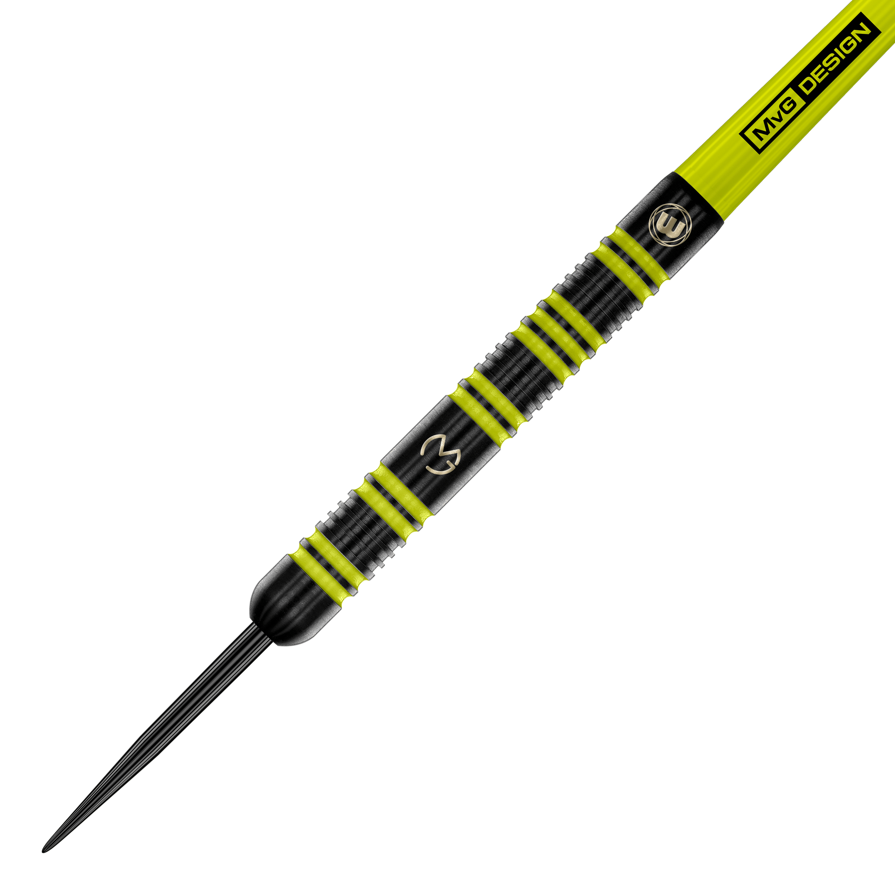 Ocelové šipky Winmau Michael Van Gerwen 85 Pro-Series Das Bild zeigt einen Winmau Michael Van Gerwen 85 Pro-Series Steeldart. Der Dart ist schwarz mit auffälligen gelb-grünen Ringen und hat das MVG-Logo eingraviert.