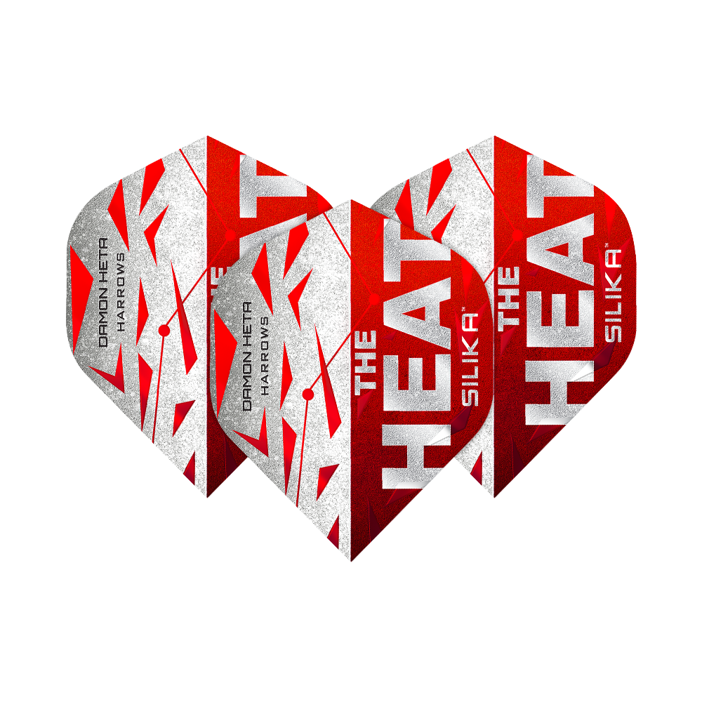 Lety Harrow's Silika Damon Heta Series 3 Das Bild zeigt drei Dart-Flights der Serie "Harrows Silika Damon Heta Series 3". Die Flights sind in Rot, Weiß und Silber gestaltet und tragen die Aufschrift "THE HEAT" sowie "SILIKA".